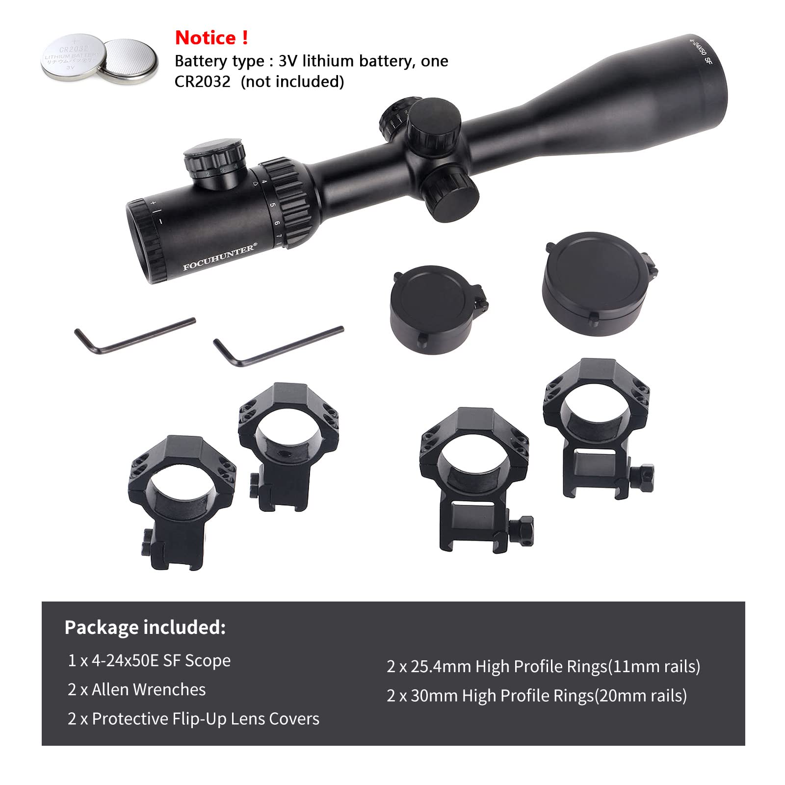 Lunette De Visée FOCUHUNTER 4-24x50mm – Réticule Mil-Dot, Rouge/vert 5 Niveaux, Tubes 30 Mm, Montages Picatinny Et Queue D'aronde