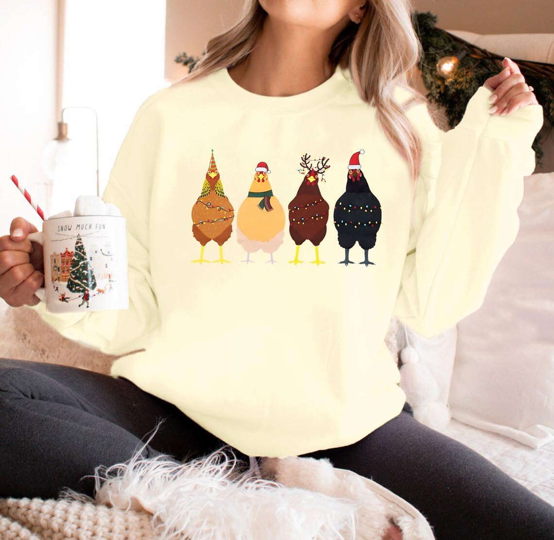 LOTUCY Christmas Sweatshirt Women: Cute Chicken Xmas Shirt Funny Chicks Christmas Sweatshirts Hen Farm Animal Pullover Tops - Image 2