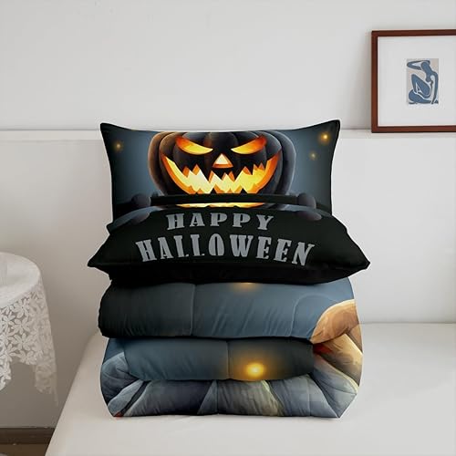 Miniatura 5 de Erosebridal Juego de edredón de Feliz Halloween, ropa de cama individual con linterna de calabaza brillante, juego de ropa de cama gótica de truco o