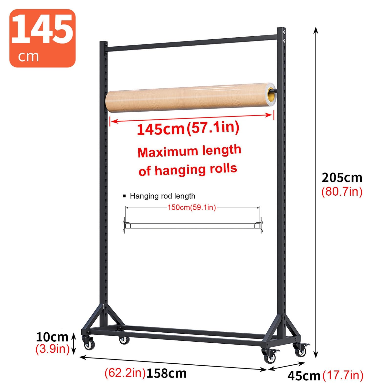 Textile Fabric Roll Storage Rack with Adjustable Hanging Rod, Movable Heavy Duty Metal Clothes Hanger, Commercial Organizer Holder for Curtain Blanket Quilt Scarf Towel Mat Sample Displays(158x45x205c