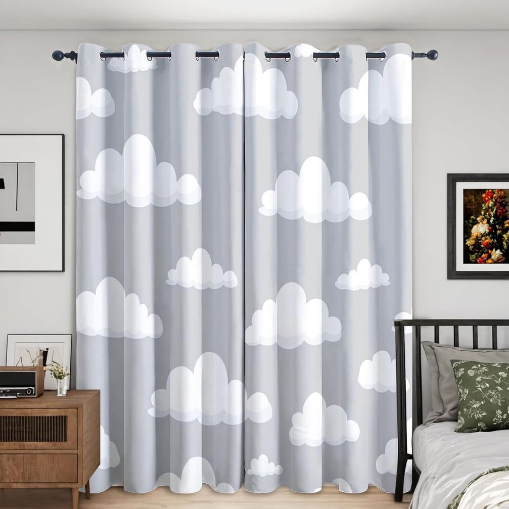 Rideau Occultant Gris Clair, Rideaux Nuages Chambre d'enfant, Rideau Thermique Anti Froid pour Salon Chambre Decoration, Lot De 2 Draperies,A,140x280H cm (2 Panels)