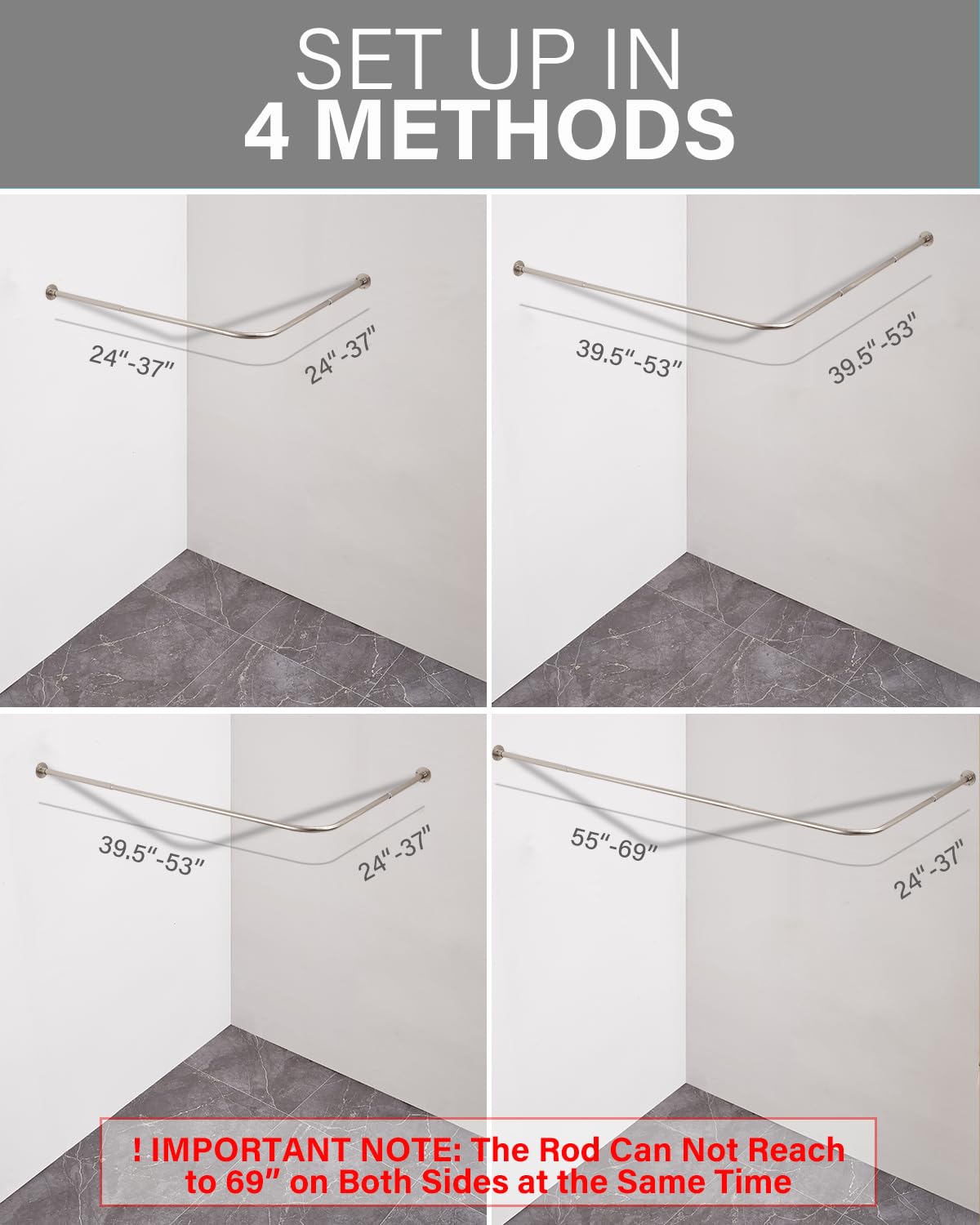 Bastone Tenda Doccia Angolare, 61-134,6 cm x 61-134,6 cm Regolabile A Forma di L 90 Gradi Curvo Tenda Rod per Bagno con 12 Anelli Ganci & Supporto Soffitto - Nichel Spazzolato