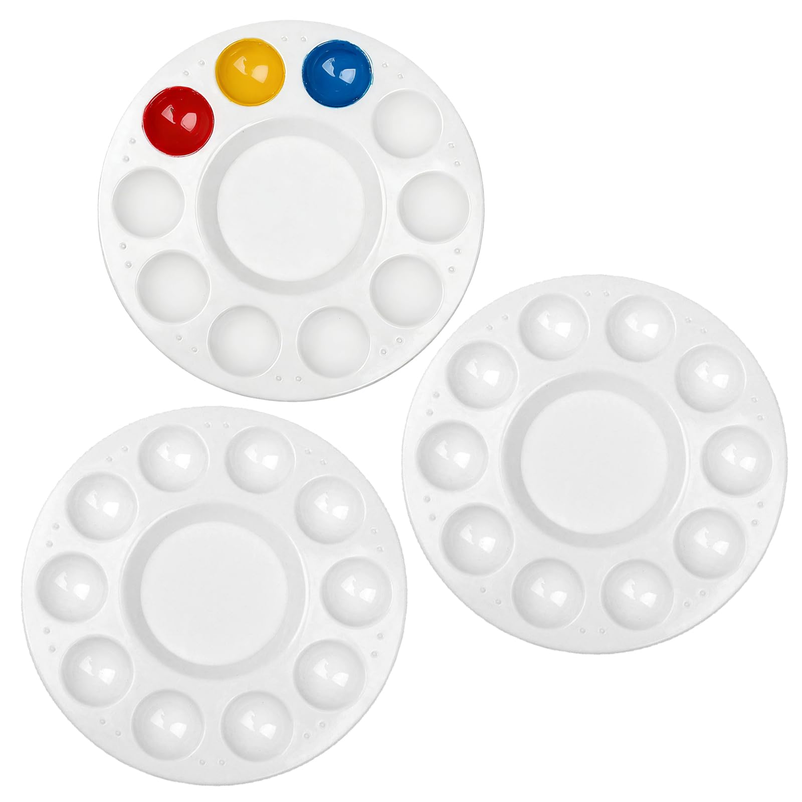HRLORK 3 PCS 6.7 Inch Plastic Paint Palette Set with 10 Wells and Central Reservoir, Reusable Paint Tray for Watercolour Palette, Acrylic, Oil, and DIY Craft Art Painting (White)