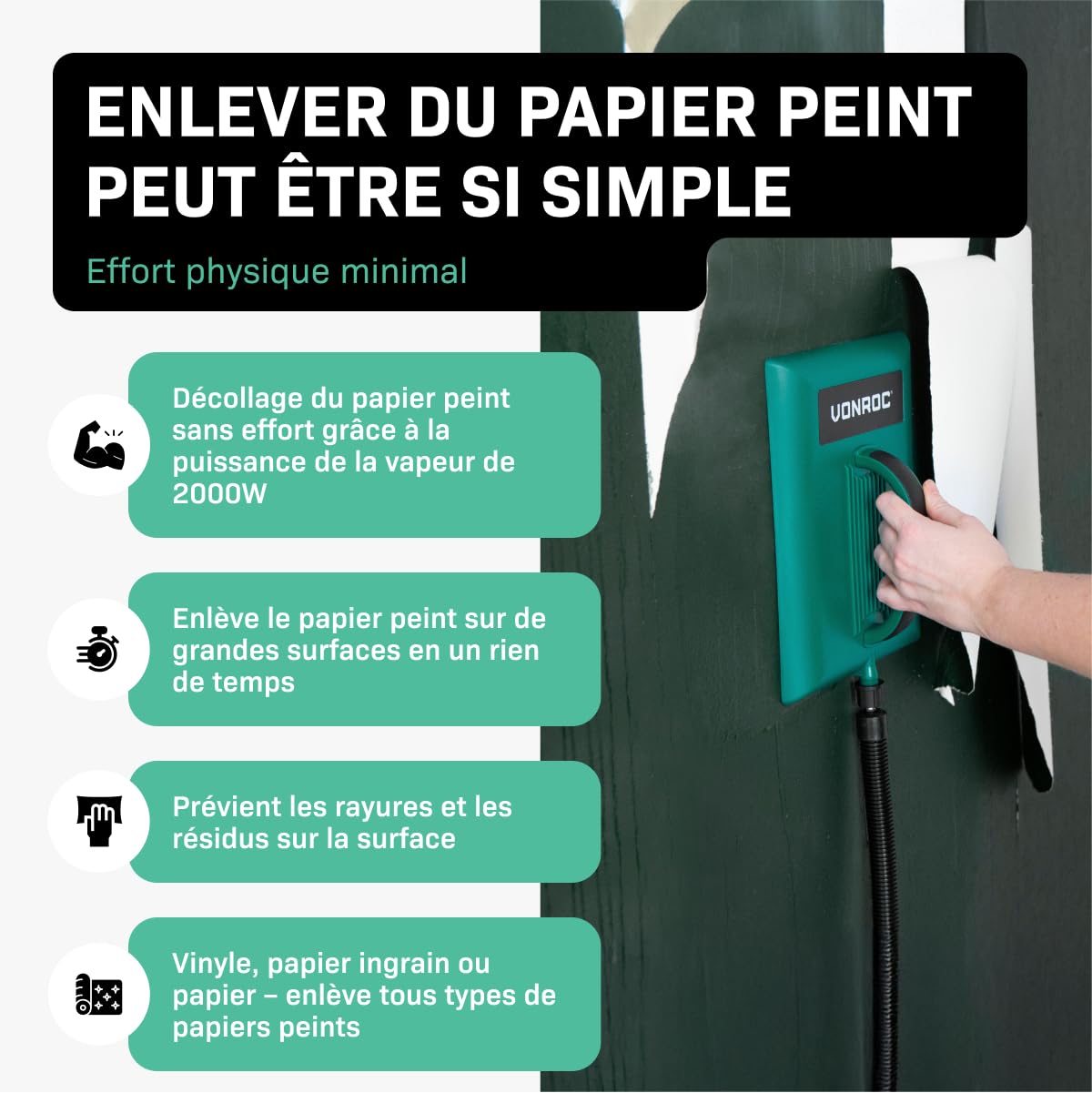 VONROC Décolleuse Papier Peint 2000 W – Réservoir 4,5 L, Autonomie 75 min – Tuyau 3,5 m – Plaque Vapeur avec Poignée - Décoller Papier Peint Murs – Décolleuse Murale pour Rénovation - Couleur Verte