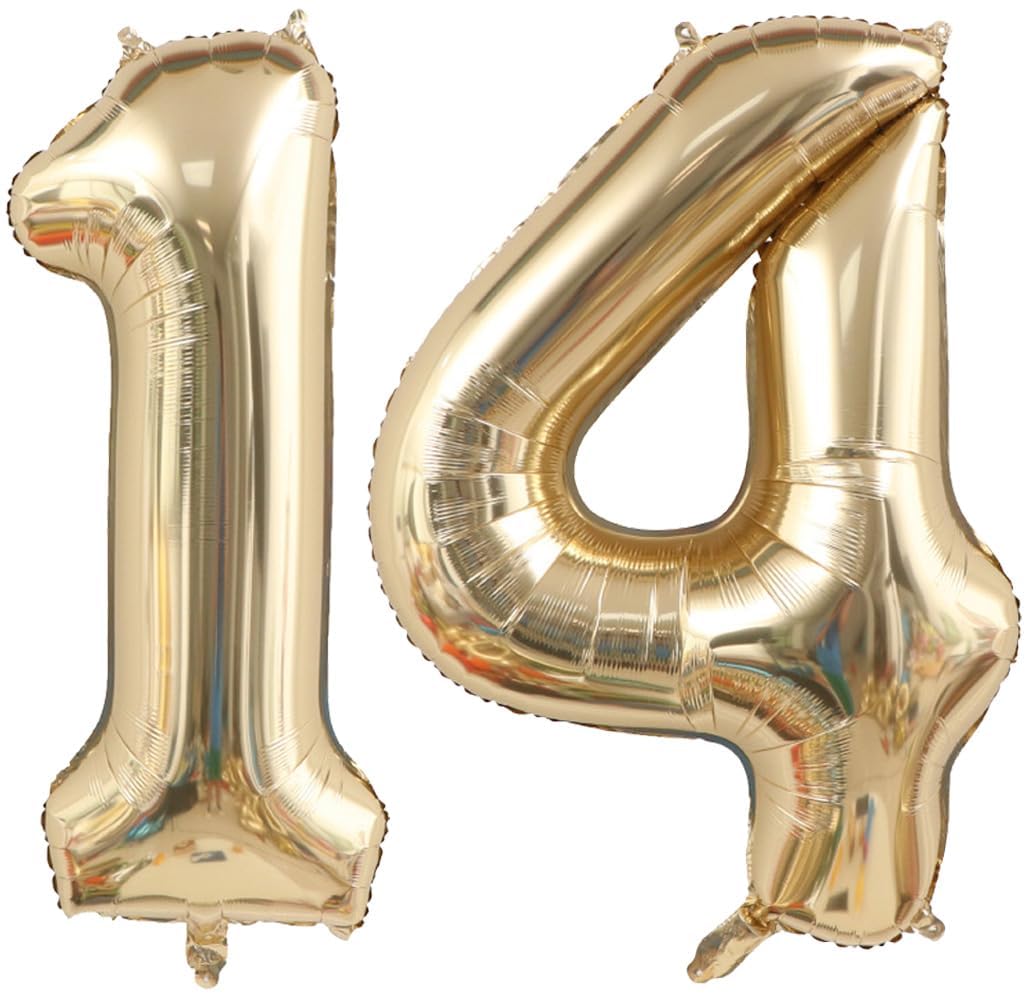 Light Gold 14 Number Balloons 40 Inch Giant Champagne Gold Birthday Numbers | 14 Foil Mylar Helium Large Digital Balloon White Gold 14th or 41st Anniversary Party Decorations Supplies