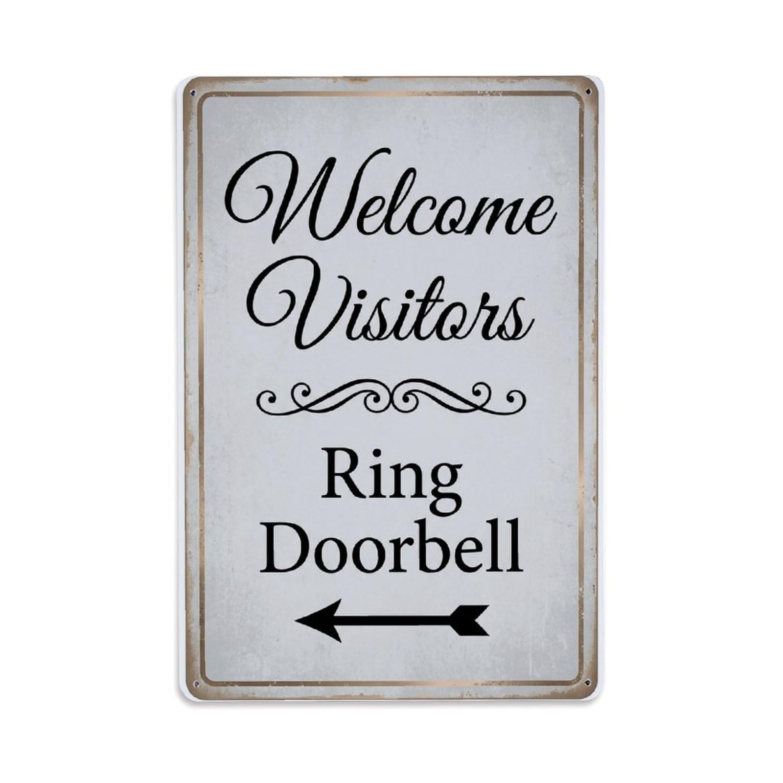 Vintage Welcome Visitors Ring Doorbell Arrow Scroll Metal Tin Sign