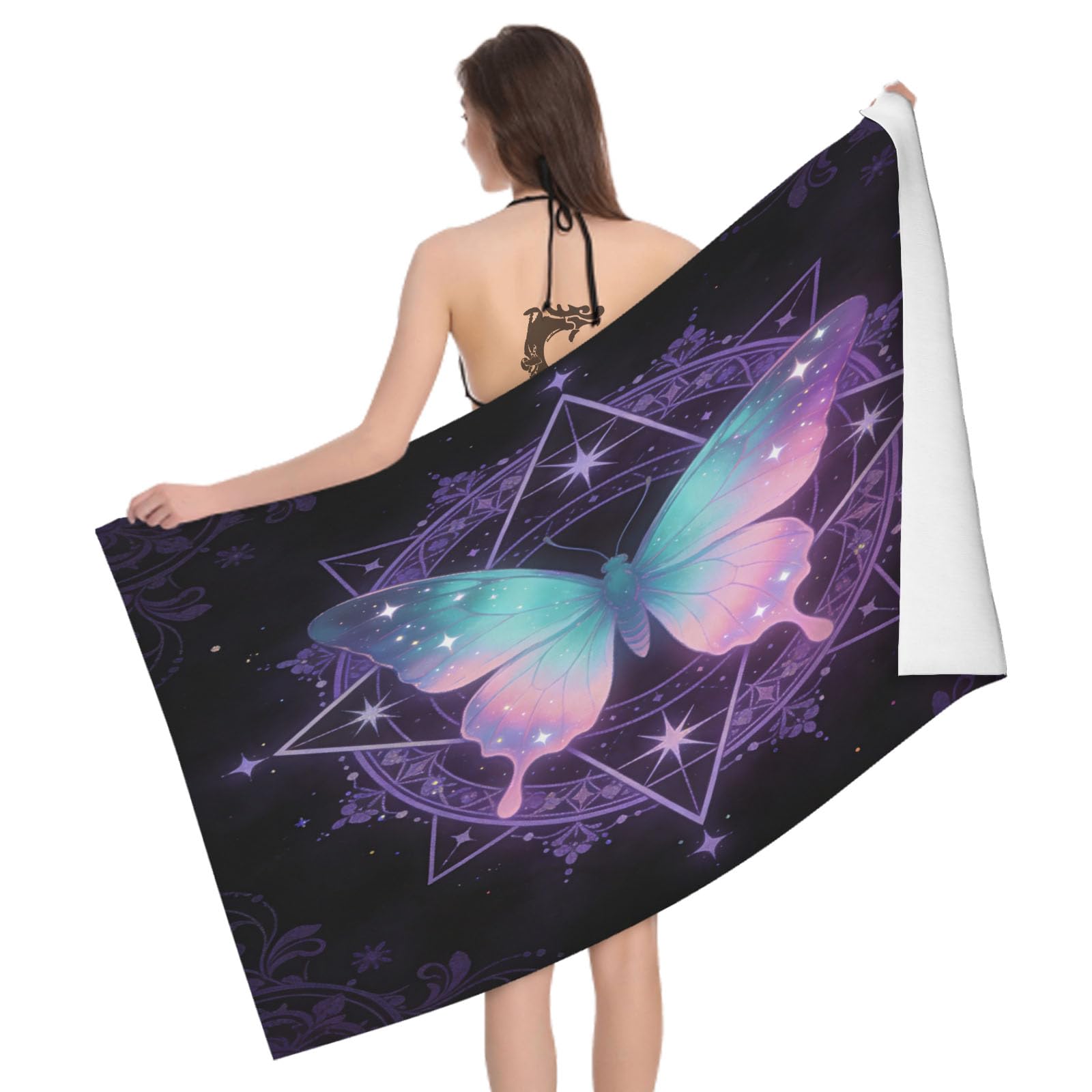 Leichong 3D Cartoon Butterfly Beach Towel Large Microfiber Soft Quick Dry for Adults, Mystical Bath Towel Lightweight Soft Absorbent for Travel Swimming Pool Sports, 180 x 90 cm