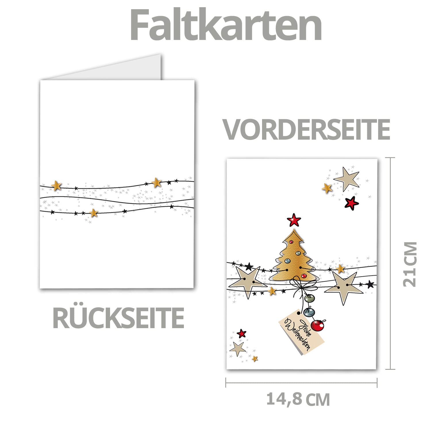 Lot de 75 cartes de Noël XL A5 avec motif sapin de Noël et étoiles – Cartes pliantes avec motif de Noël – 14,8 x 21 cm – Vœux de Noël pour les entreprises et les particuliers