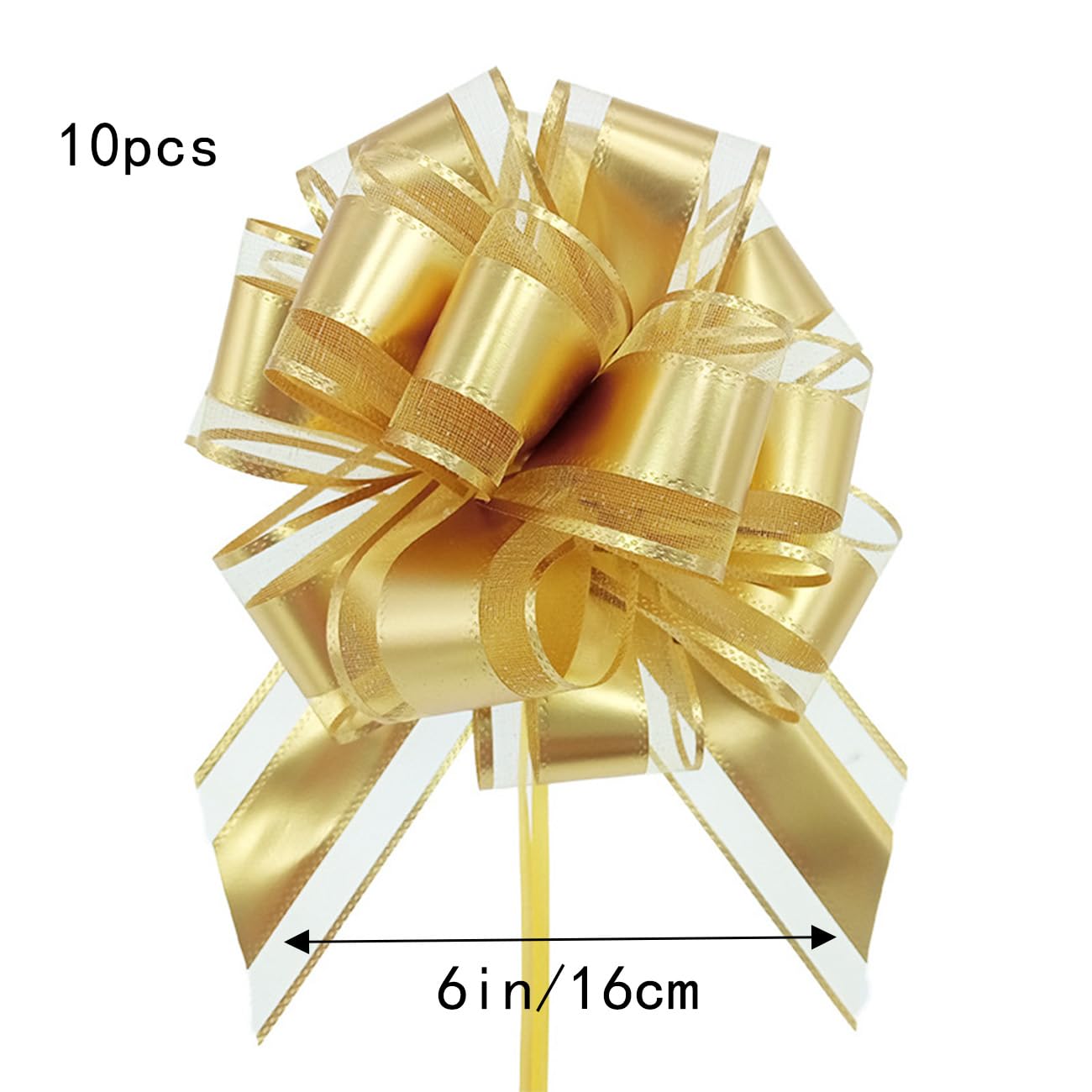 GAKA FAVOR 10Pcs Gold Pull Bows(6 Inch),Large Organza Pull Bows for Gift Wrapping,Wedding Cars,Flower Baskets and Party Decorations - Image 2