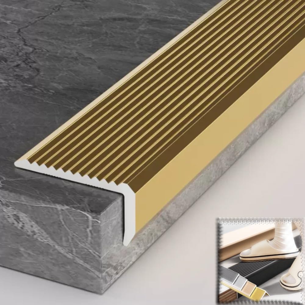 90cm 120cm Tira Protectora De Bordes para Escaleras Tira Antideslizante Aluminio Perfil De Borde De Escalera, Tiras Antideslizantes para Peldaños, Forma De L(Gold,L 115cm/45in)