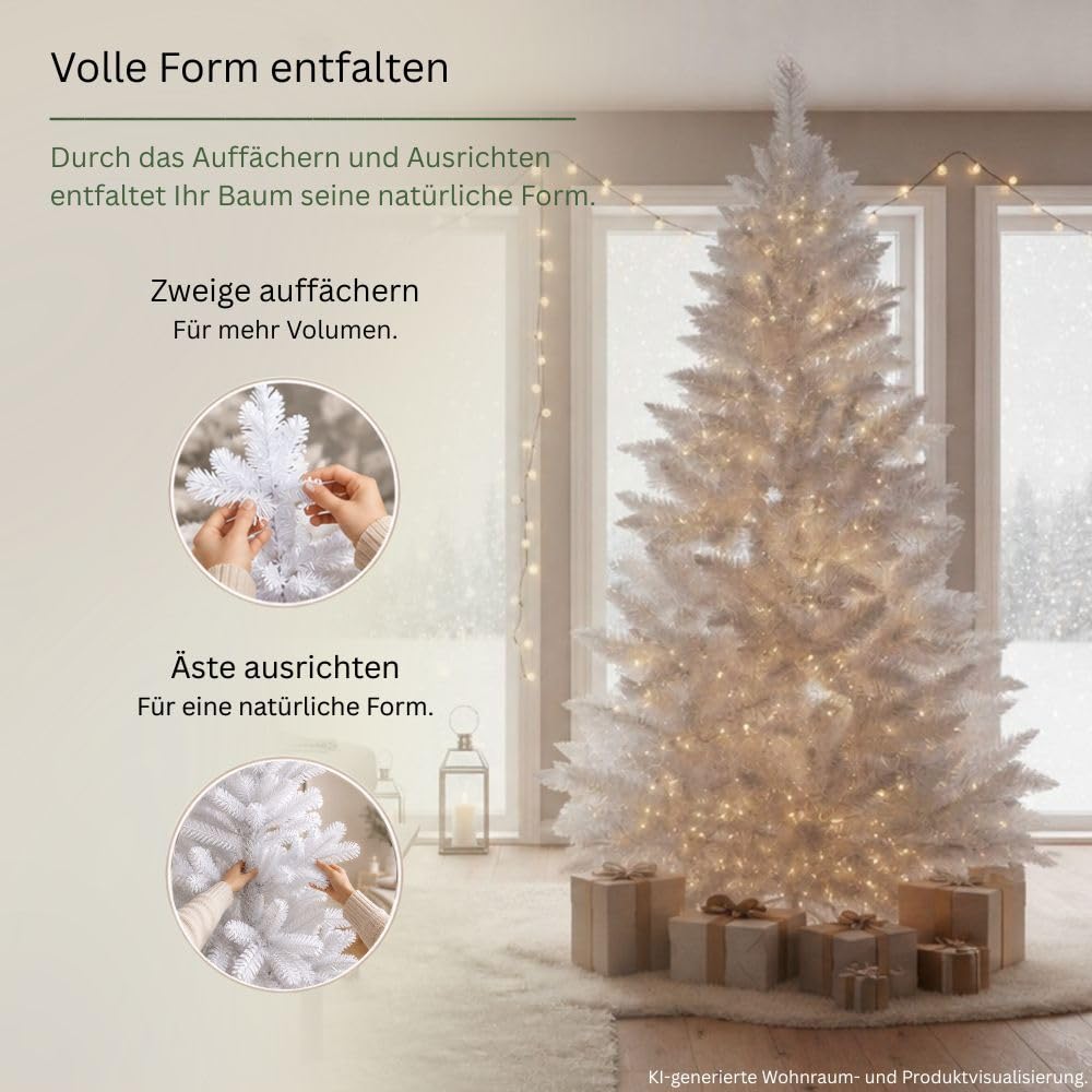 RS Trade Künstlicher Weihnachtsbaum 1015 Weiß 240 cm mit Metallständer, weißer Tannenbaum, künstlicher Christbaum, Kunstbaum Weihnachten, einfacher Aufbau, schwer entflammbar, für Allergiker geeignet