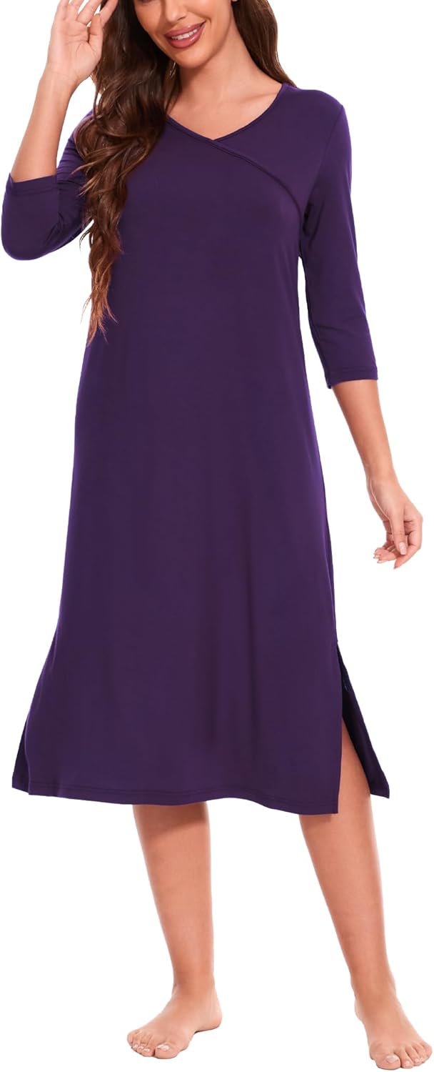 GYS Viscose Long Nightgown for Women, 3/4 Sleeves V Neck Sleep Dress Soft Lightweight Sleepwear Ladies Nightdress