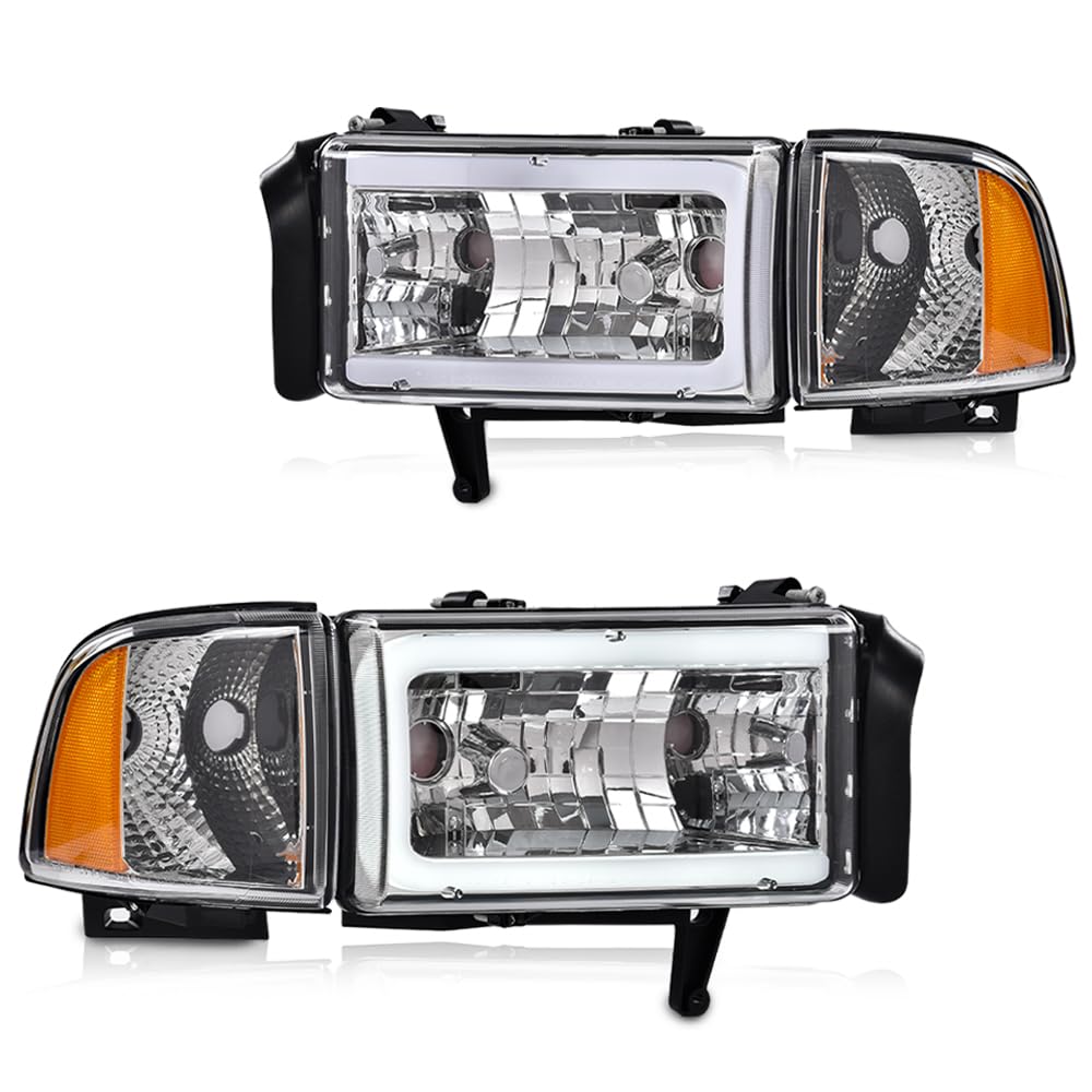 GRAND ORANGE LED Headlight Assembly W/o Bulbs Compatible with Dodge Ram 1500 1994-2001 Fit Dodge Ram 2500 3500 1994-2002 Clear Lens Chrome Housing Amber Reflector faros delanteros