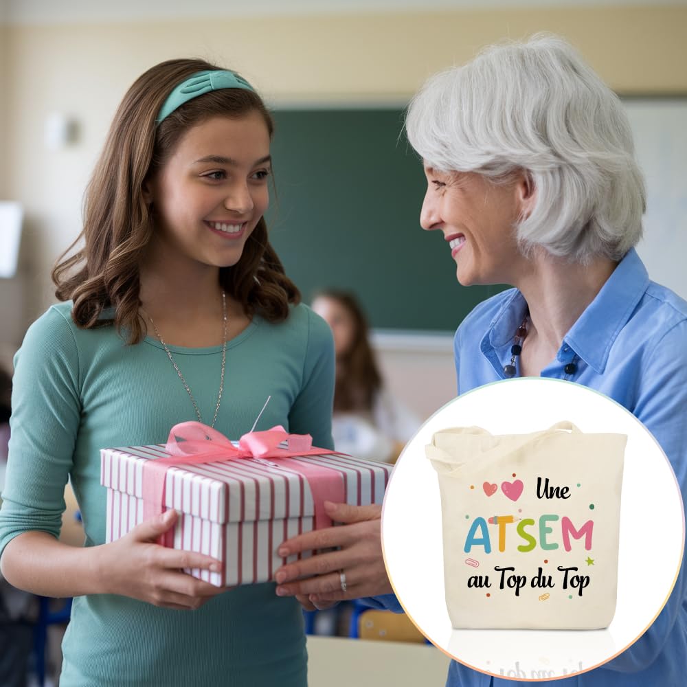 Cadeau Atsem Tote Bag Cadeau Maitress D'école Cadeaux Maitre Nounou Professeur Prof Maîtresse D'école Fin D'année Anniversaire Remerciement Noël Merci Atsem Cadeaux Sac Une Atsem Au Top Du Top
