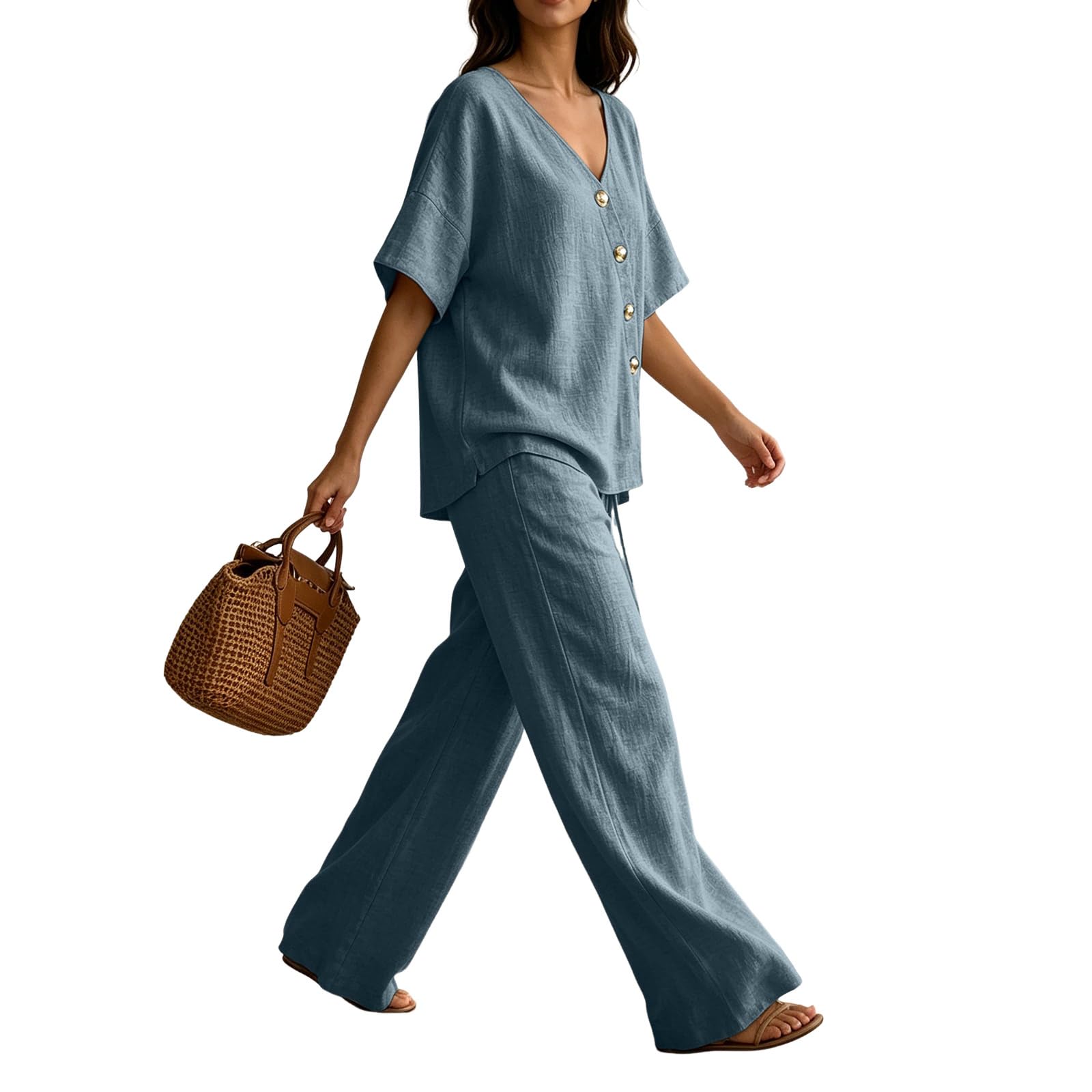 Ensemble Femme Chic Et Elegant Ete Pantalon Large Haut Fluide Tenue D'été 2 Pièces Pour Femme Élégant Tenue Décontractée Léger Respirant Tailleurs Chemisier Vetement pour Sorties Quotidiennes