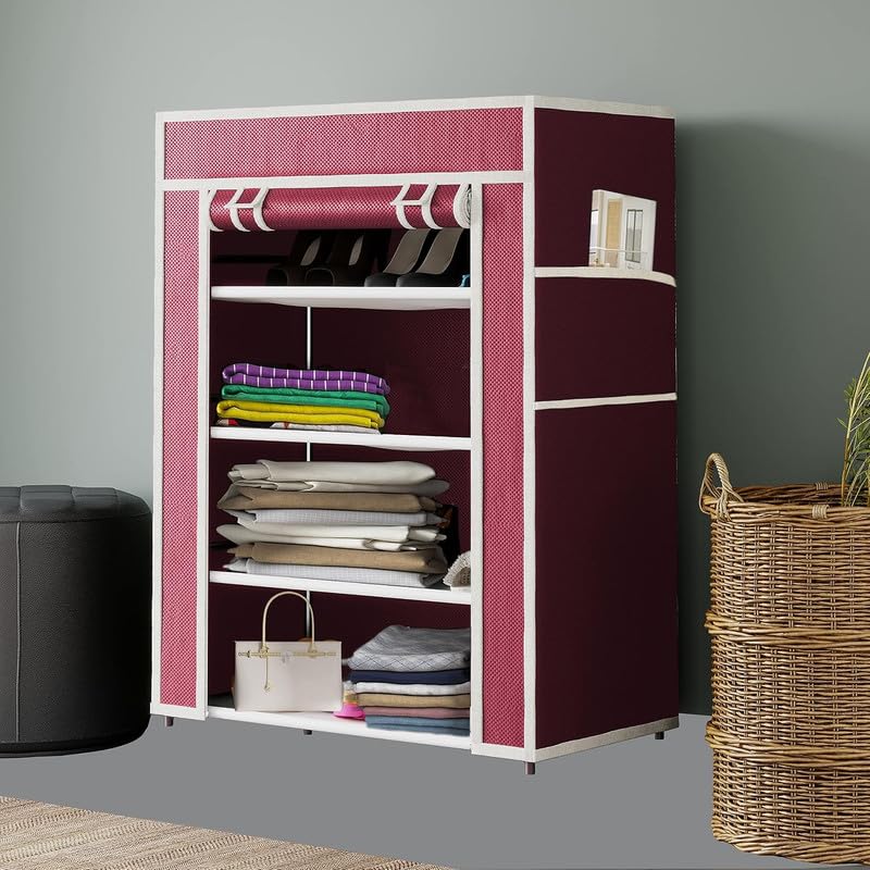 Image of GTC Collapsible Portable Foldable Wardrobe Storage Shelves Organizer for Clothes Racks Fabric Almirah Non Rustable Iron (4L, Maroon) Storage Unit