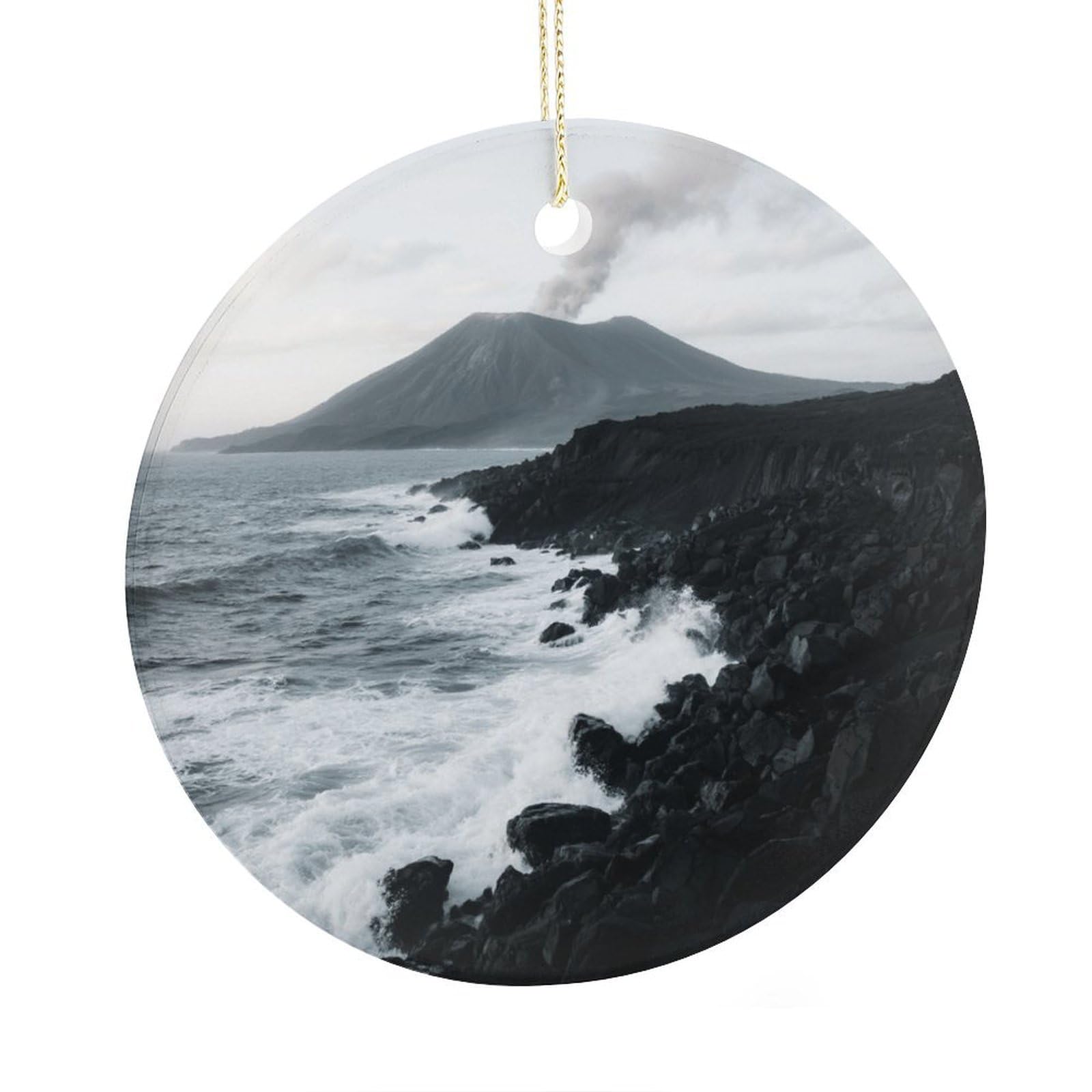 Fekiloot Style Hawaii Volcanic Coast Christmas Ornaments 2.9 Inch Round Ceramic Ornament Keepsake Thank You Gifts For Office, Room, Home - Holiday Present Ideas