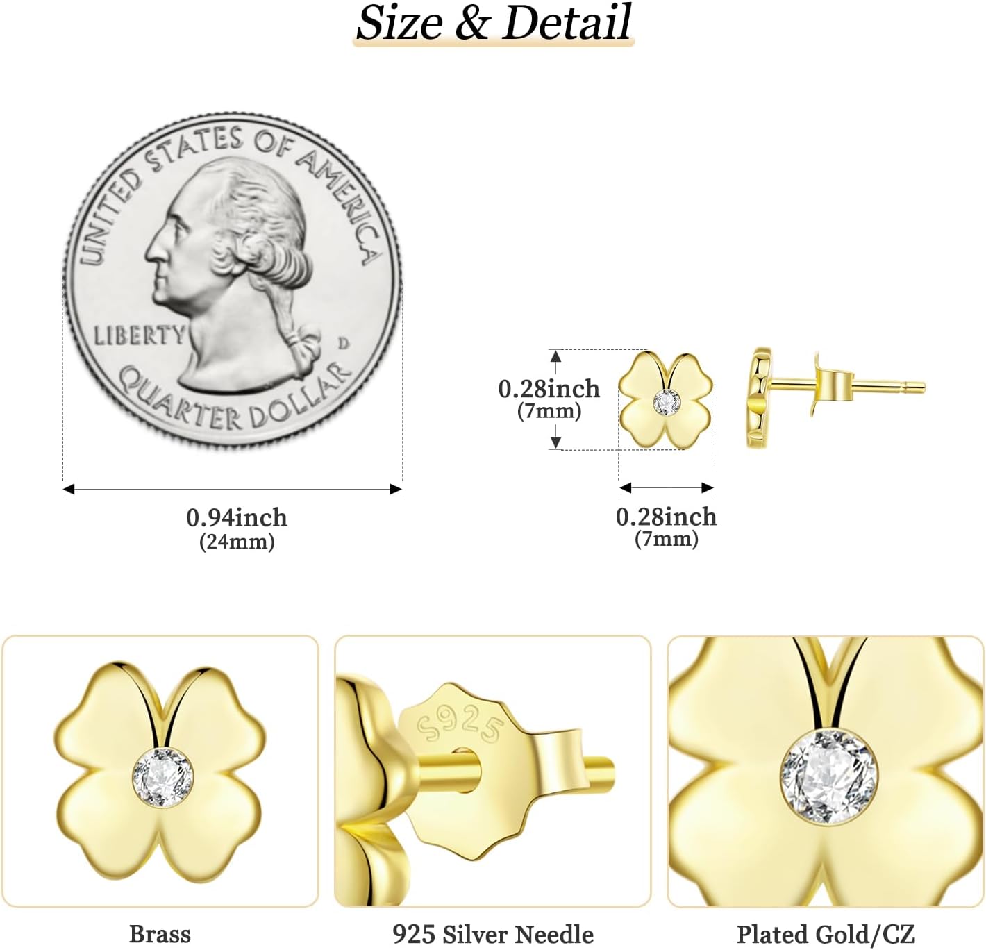 MUNDELL Gold Plated Heart Stud Earrings | Cute Four-leaf Clover Stud Earrings Flat Back Floral Hypoallergenic Earring for Women Fine Jewelry - Image 6