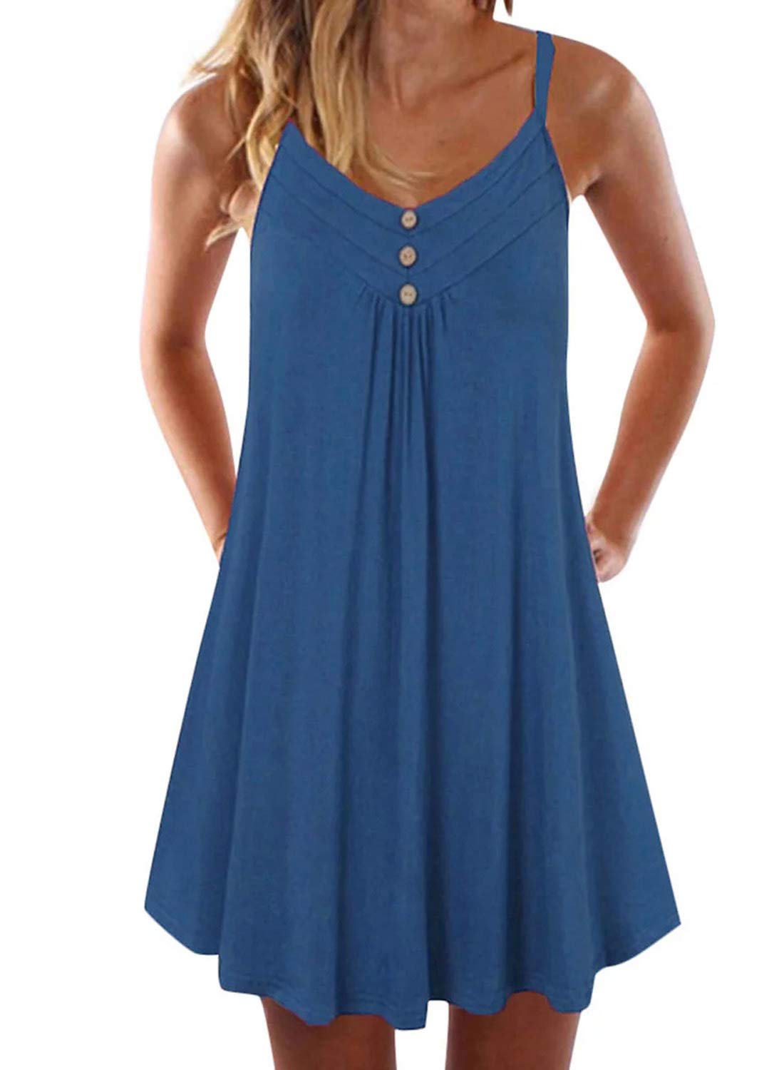 Womens Button V Neck Strappy Loose Fit Tunic Dress Vest Blouses Tops UK 8-22