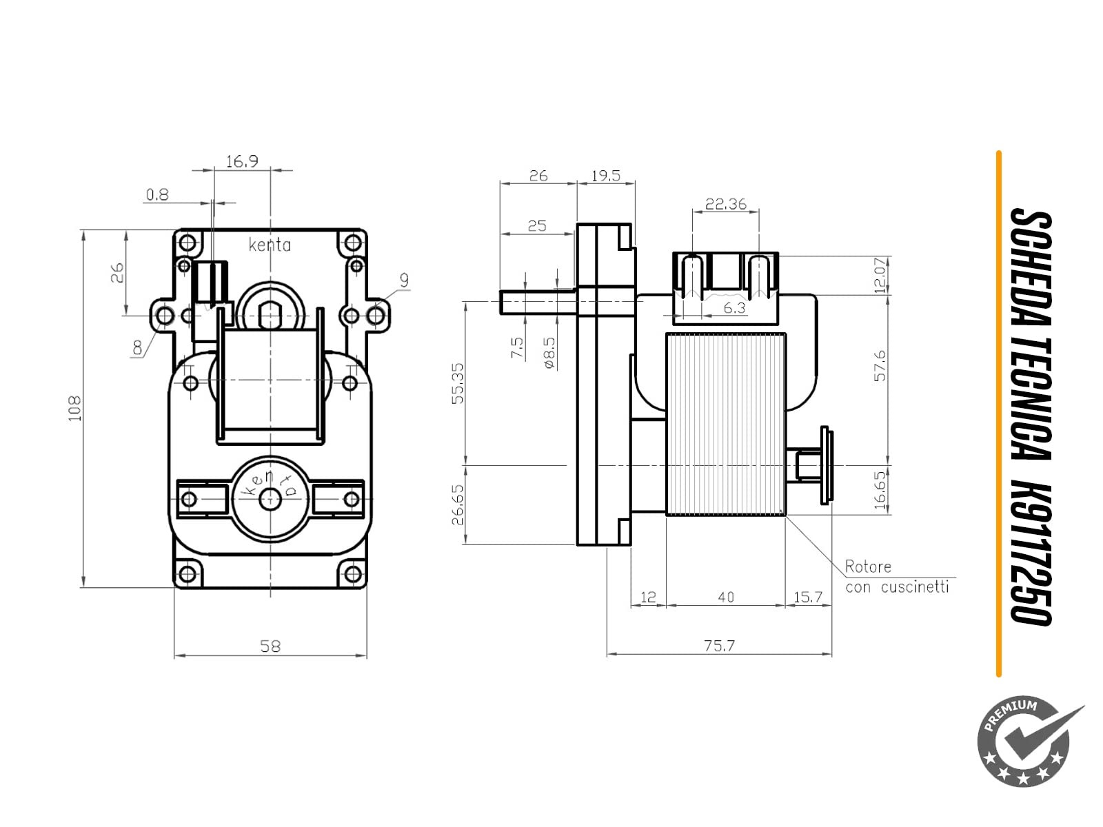 ERICAMBI, Motoriduttore K9117250 Kenta per Stufe a Pellet, Velocità 8,5rpm, Pacco Lamellare 40mm, Ø Albero 8,5mm, Senso di Rotazione Oraria, Spianatura Singola