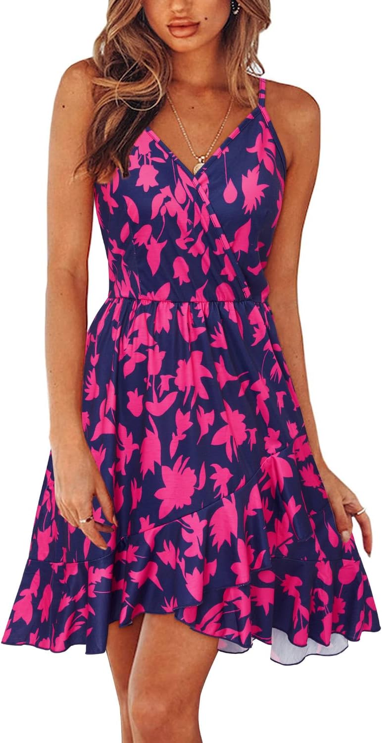 Newshows Womens Summer Dress 2024 Spring Sundresses Floral Flowy Casual Beach Vacation Wrap V Neck Spaghetti Strap Dresses