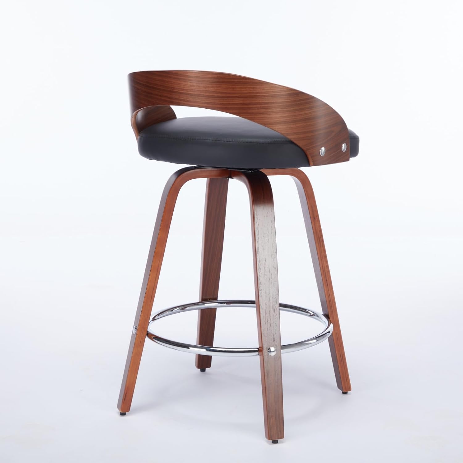 360° Swivel PU Barstool Set of 2 with Walnut Finish Open Back, 24.8" Seat Height Counter Stools with Round Footrest, Comfy Club Stools with Thick Cushion & Sloping Feet for Living Room Kitchen, Black