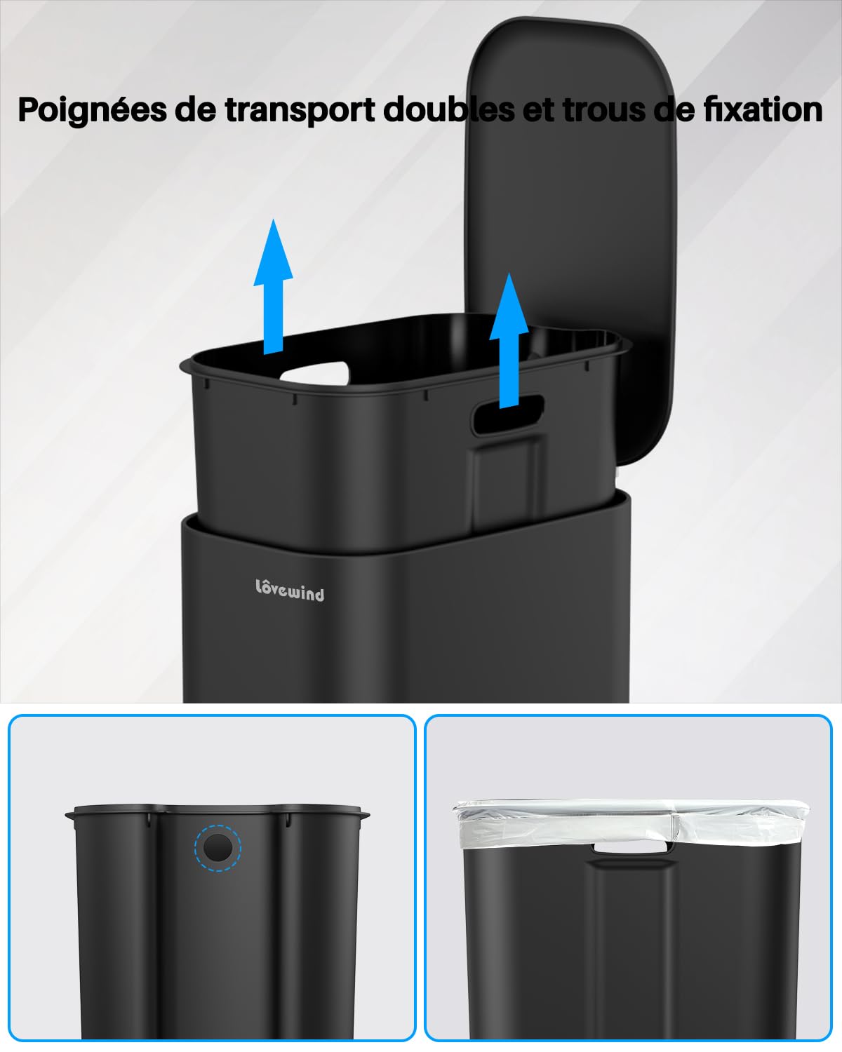 Lovewind Poubelle Cuisine, Poubelle 30 L,Poubelle de Cuisine en Acier, avec Seau Intérieur, Fermeture Douce et Maintien en Ouverture, Bureau