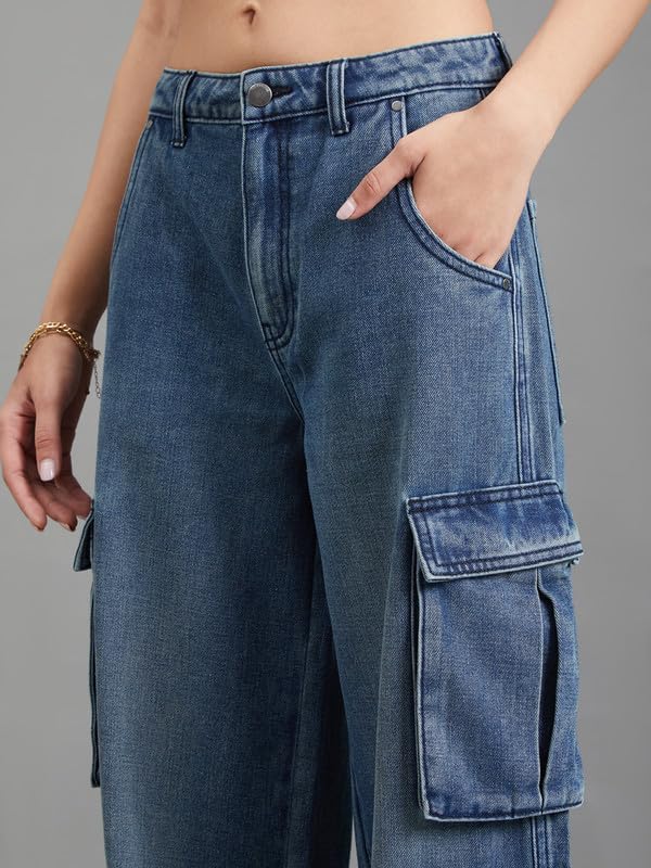 Image of GO COLORS Mostlysane Collection Denim Cargo Pant for Women | Breathable, Mid Rise, 8 Pockets