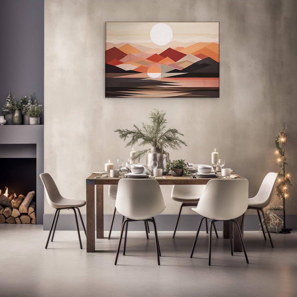 Canvas for Living room. Serenity in Geometry: A Tranquil Digital Landscape of Mountains and Sunset Hues, 27 x 18 inch Canvas Wall Art - Contemporary Masterpieces - Modern Home Decor