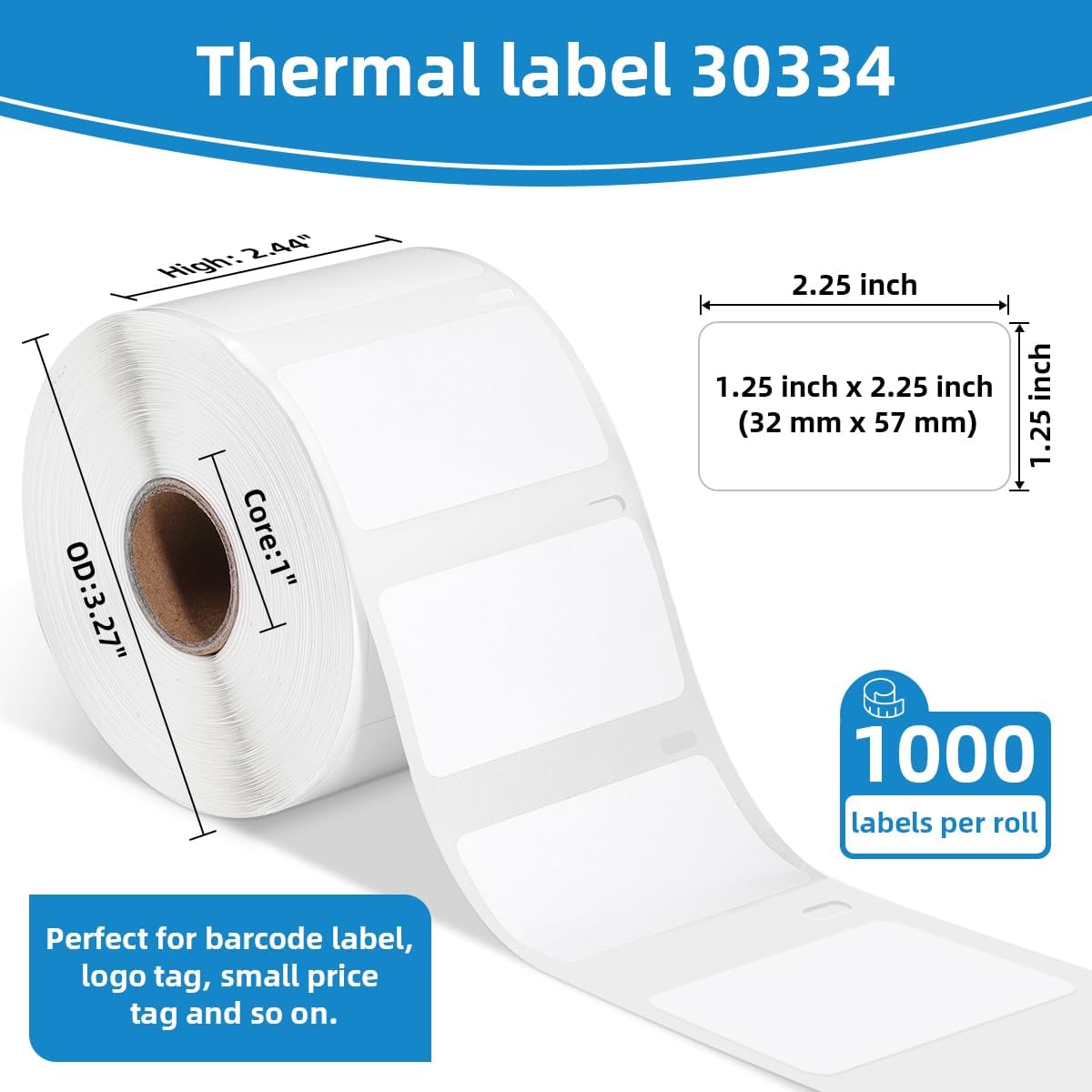 30334 (1-1/4" x 2-1/4") Barcode White Paper Thermal Labels Compatible with DYMO Label Writer 450, 4XL Printers, 450 Turbo, Rollo & Zebra Printers, 8 Rolls/8000 Labels, Multi-Purpose use - Image 2