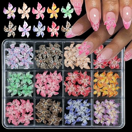 VOTACOS 3D Nail Charms for Nail Art 96pcs 10 Color Nail Rhinestone Design DIY Adjustable Chic Acrylic Soft Lily Flower Charms for 3D Flower Nail Gems