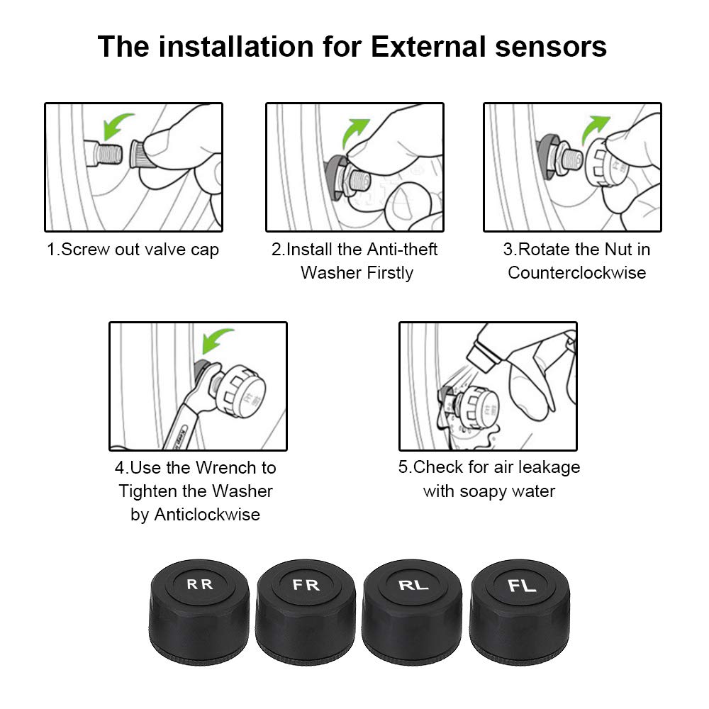 Tpms Sistema di monitoraggio della Pressione dei Pneumatici for Auto con Allarme di Temperatura a energia Solare con 4 sensori Interni/Esterni Pressione Pneumatici(External Sensor)