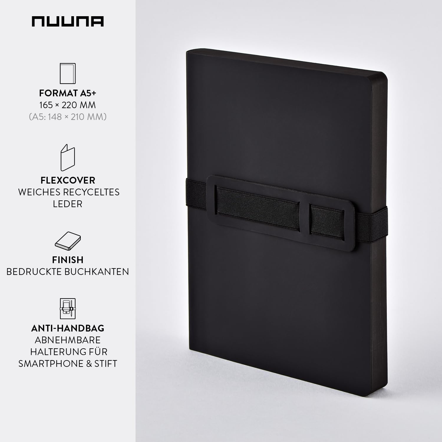 Nuuna Notizbuch A5+ | Voyager L - Schwarz | Dotted | 3,5mm Punktraster | 256 nummerierte Seiten | 120g Premium-Papier | Leder schwarz | mit Stift- und Smartphonehalterung | made in Germany