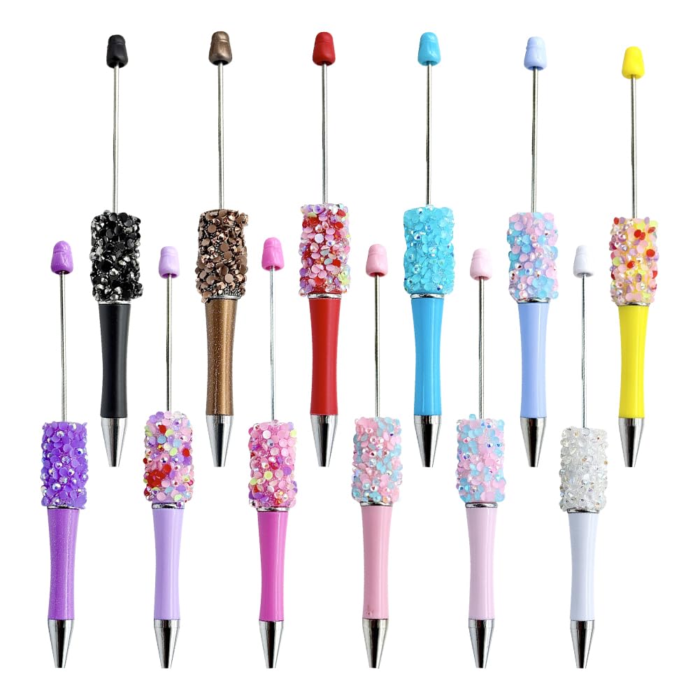 FSSTUD 12 Pcs Glitter Beadable Ballpoint Pens Colorful Rhinestone Beaded Pens Bling Diamond Bead Pen Cute Fancy Writing Pens Sparkly Black Ink Pens Office Supplies for Meeting