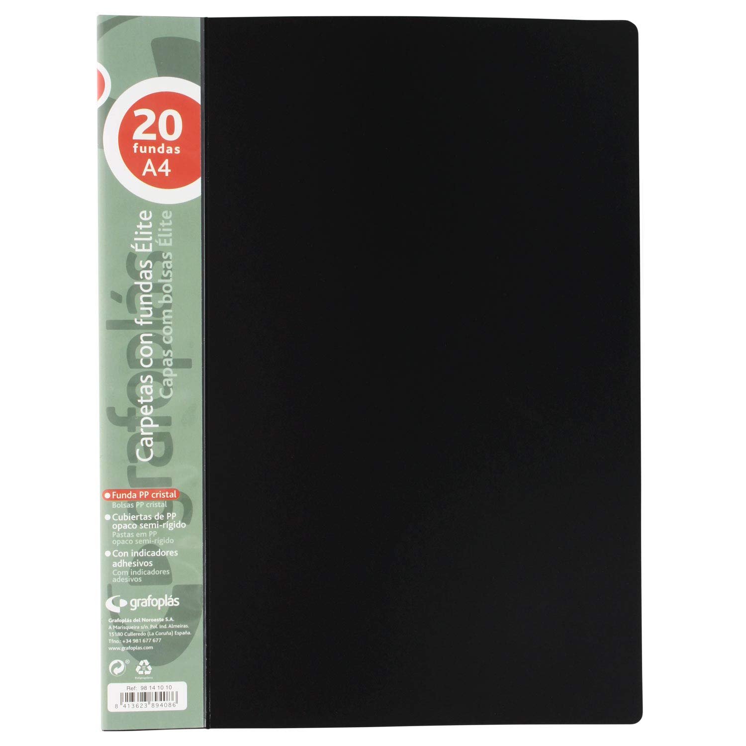 Grafoplás 98141010 Elite Folders with Covers, 20 Transparent Covers, Semi-Rigid Covers, Black, A4