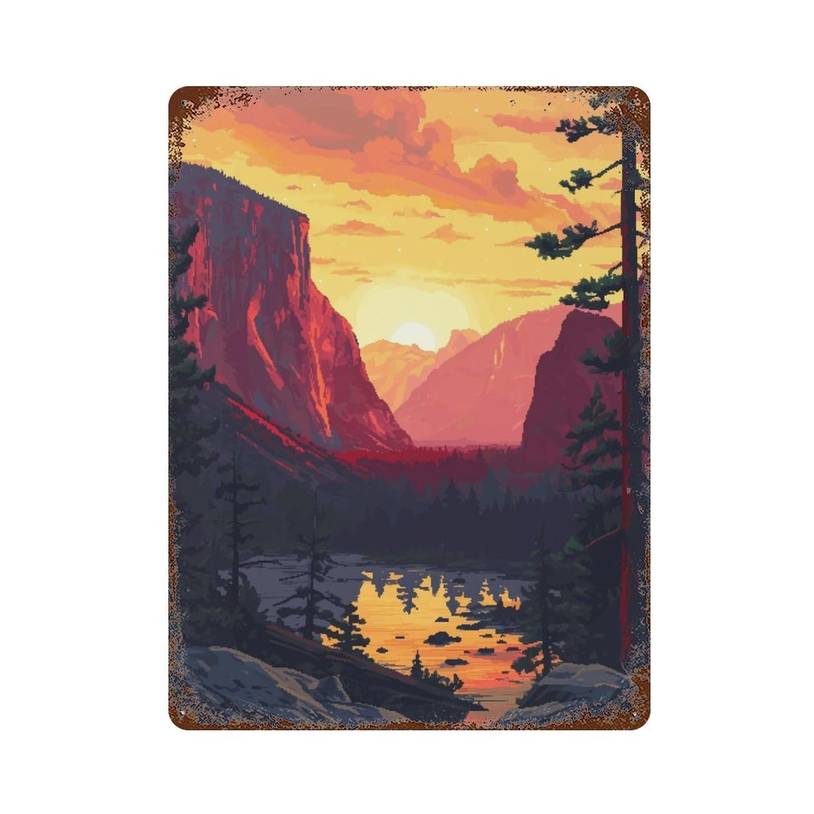 Garage Style Lake Yosemite Pixel Art Aged Metal Wall Plaque 15.7"x11.8", Farmhouse Wall Decor for Bar And Workshop