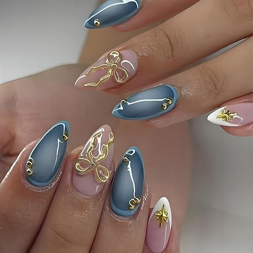 LPOODDNU 3D Gold Bow Star Press on Nails Almond -
