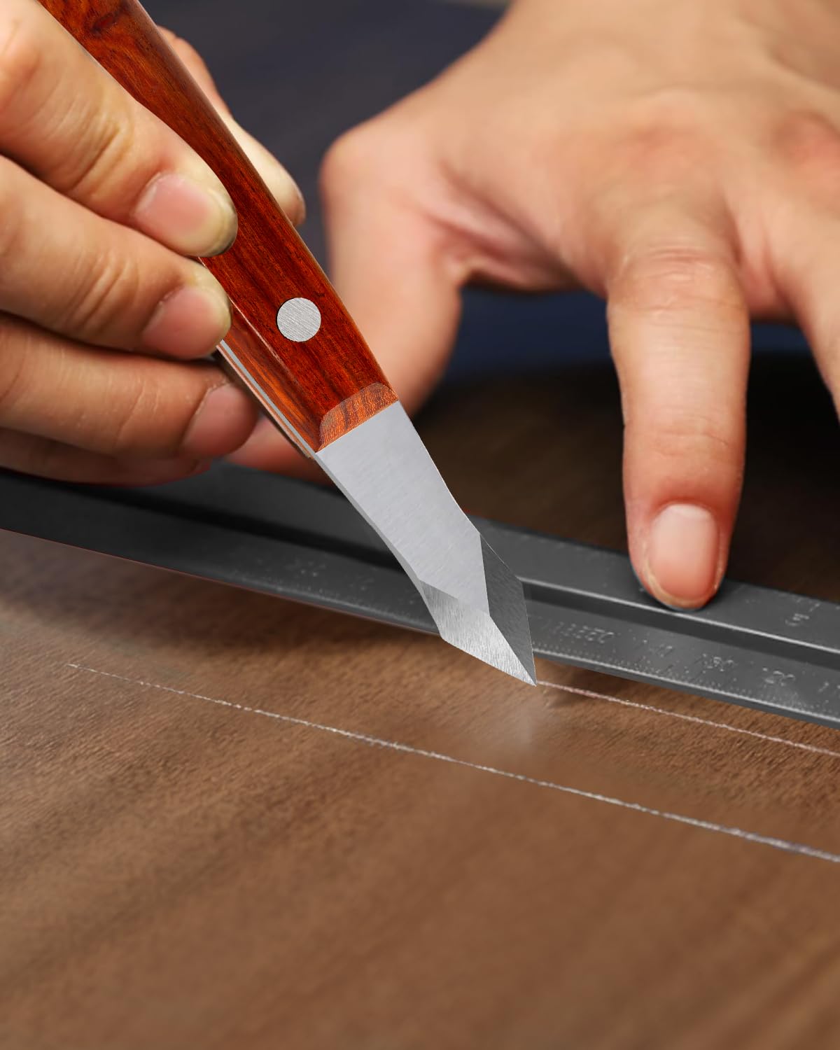 Woodworking Marking Knife – High Carbon Steel Double-Beveled Scribing Blade, Ergonomic Wooden Handle & Leather Sheath – Precision Scribing Tool for Joinery, Carpentry & Wood Carving – by Aeglemana — Amazon image 2
