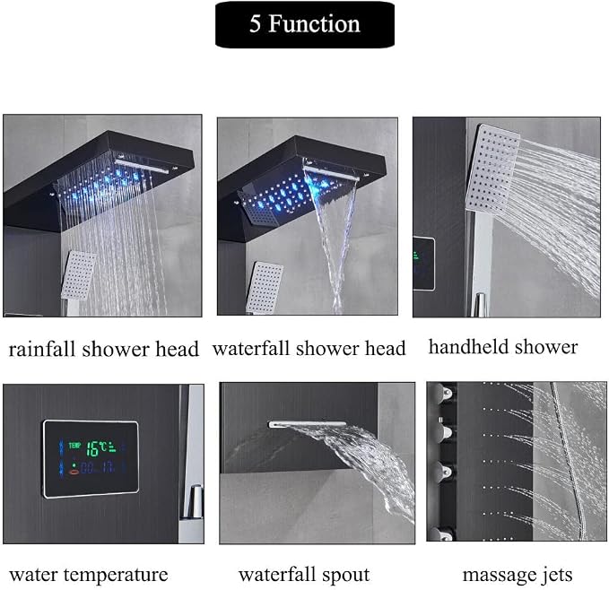 Columna de Ducha LED con Panel de Masaje, Chorro Cascada y Ducha de Mano, Acero Inoxidable Negro miniatura 4