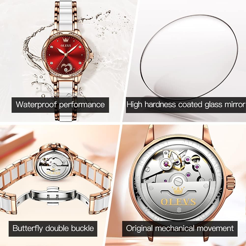 OLEVS Women Automatic Mechanical Watches Self Winding Rose Gold Two Tone Ceramic Strap Diamond Love Heart Dial Fashion Elegant Dress Ladies Wrist Watches Waterproof Luminous - Image 6
