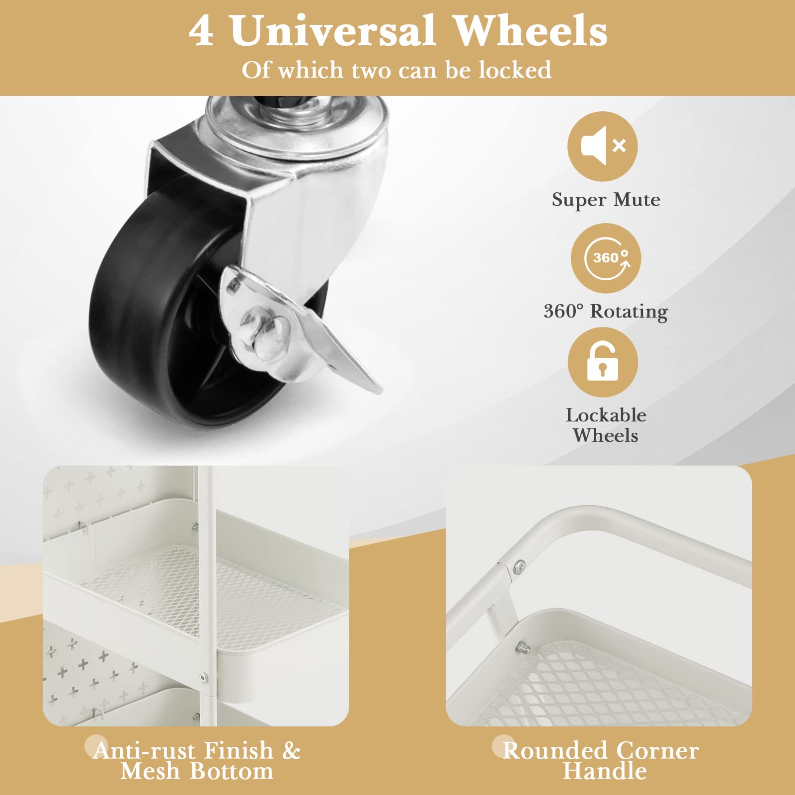 Giantex Carrello Mobile in Metallo a 3 Livelli, Carrello con Bordo di Pin, Cestini di Stoccaggio, Ganci, Carrello di Servizio con 4 Ruote, per Cucina, Bagno, Ufficio, 52x33x75cm