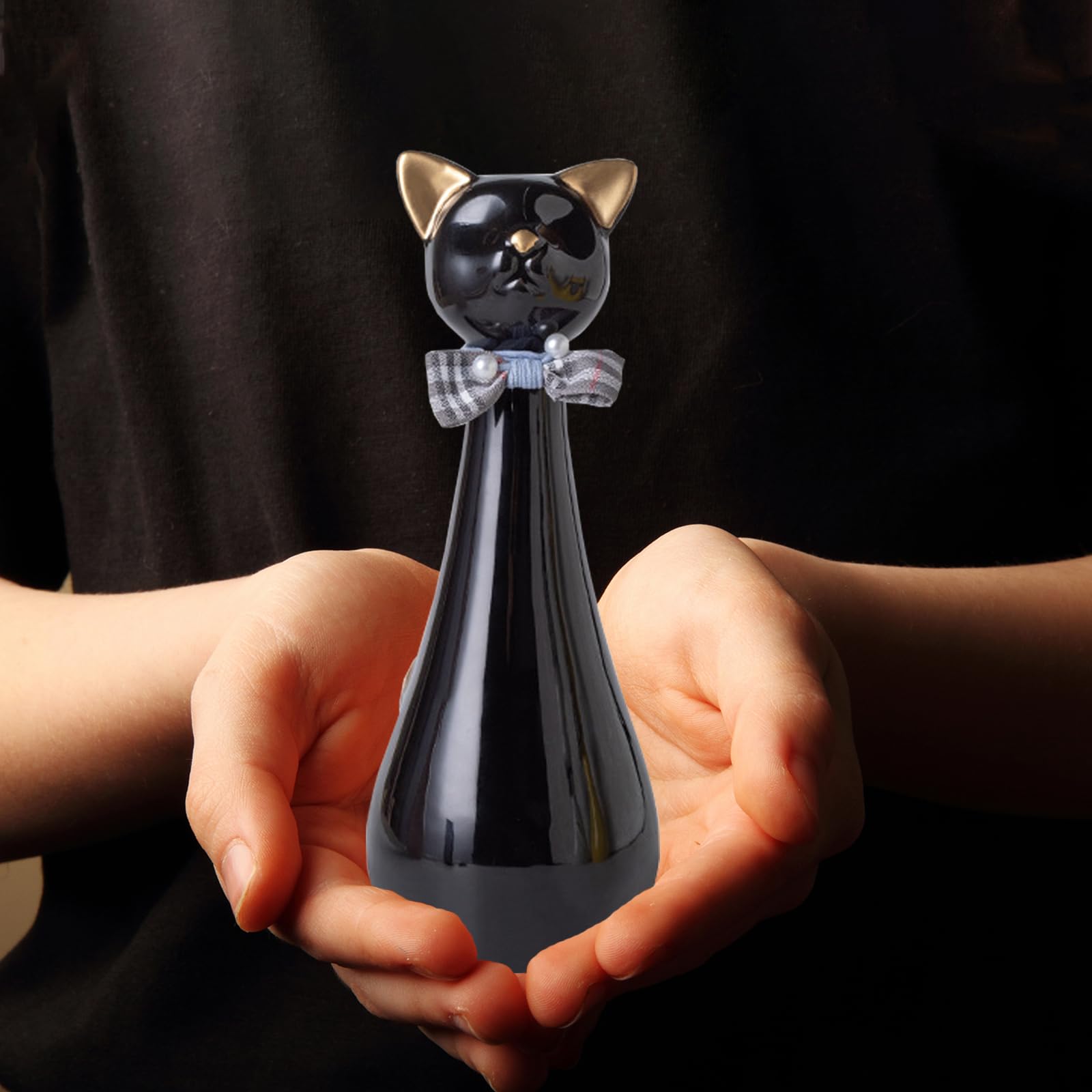 Urna para Gatos, 9,5 x 9,5 x 25,5 cm Urna Cenizas Negra con Collar de Lazo 550 ml Urnas para Mascotas de Cerámica para Recordar a Tu Querida Mascota Urnas para Gatos Regalo Conmemorativo