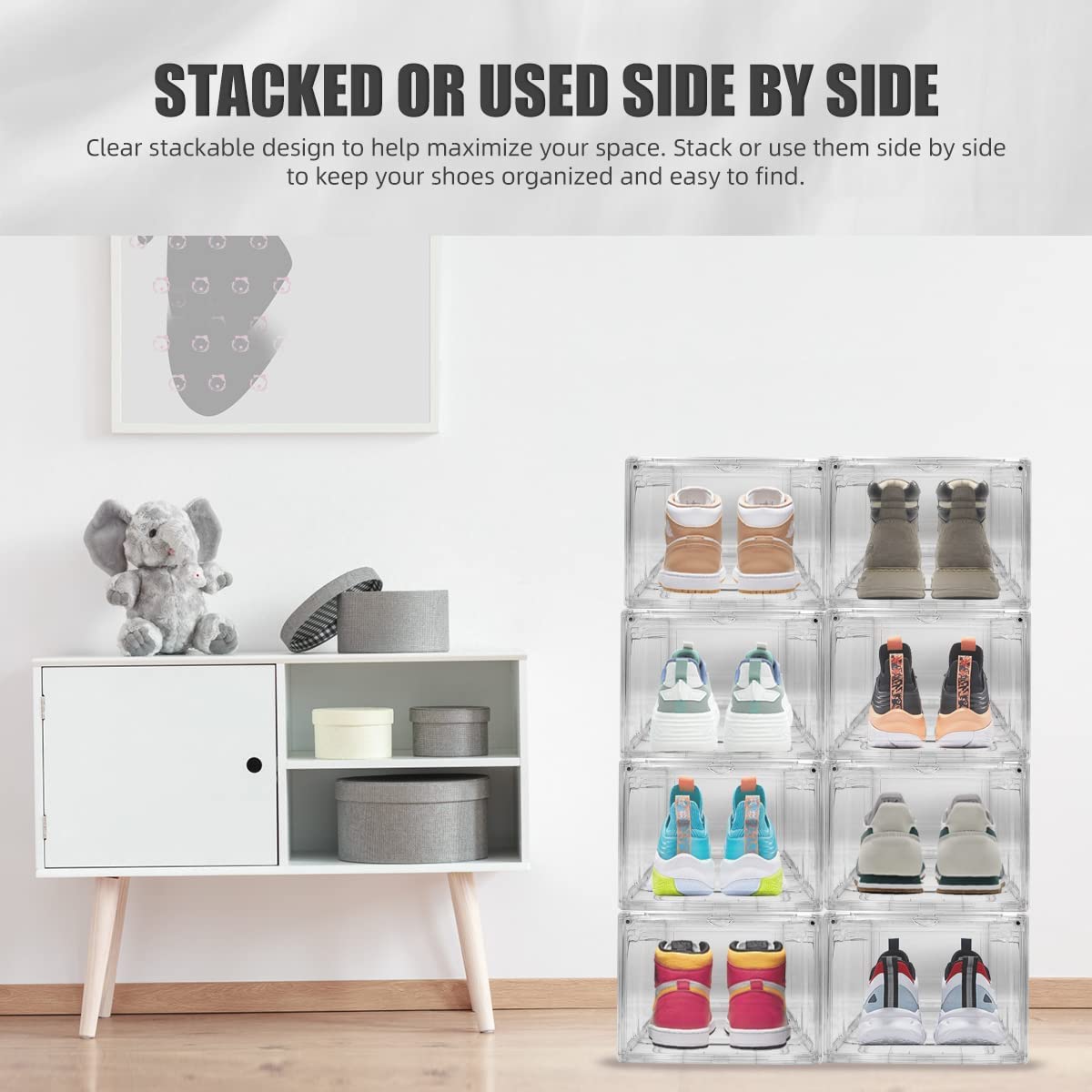 Schuhkarton, 3/4er-Set, stapelbarer Kunststoff-Schuhkarton mit transparenter Tür, als Schuh-Aufbewahrungsbox und durchsichtiger Schuhbox, für Sneaker, einfache Montage (transparent, 4er-Pack)