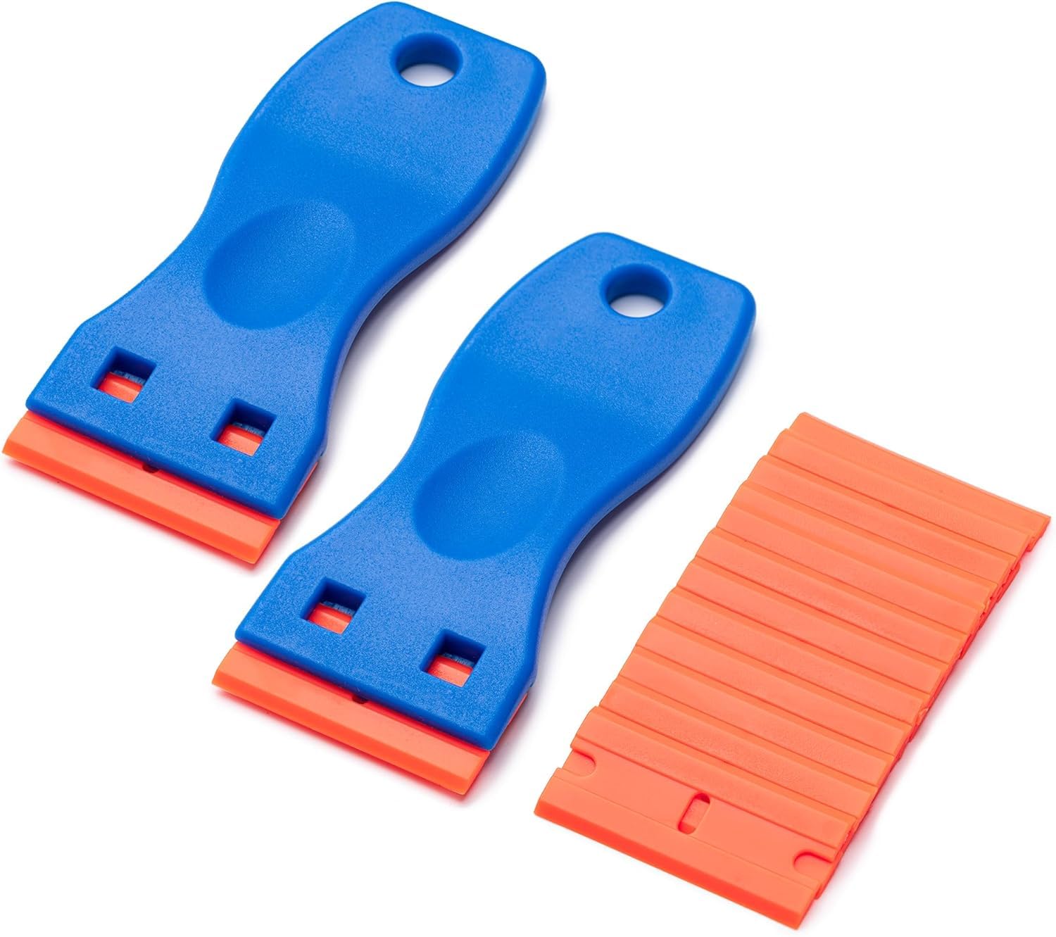2 Pcs Plastic Razor Blade Scraper and 10 Pcs Blades, Remove Label Decal Tool,Forwithout Scratches Plastic Razor Blade Scraper, Adhesive Remover for Kitchen Appliances,Stickers and Paints on Window