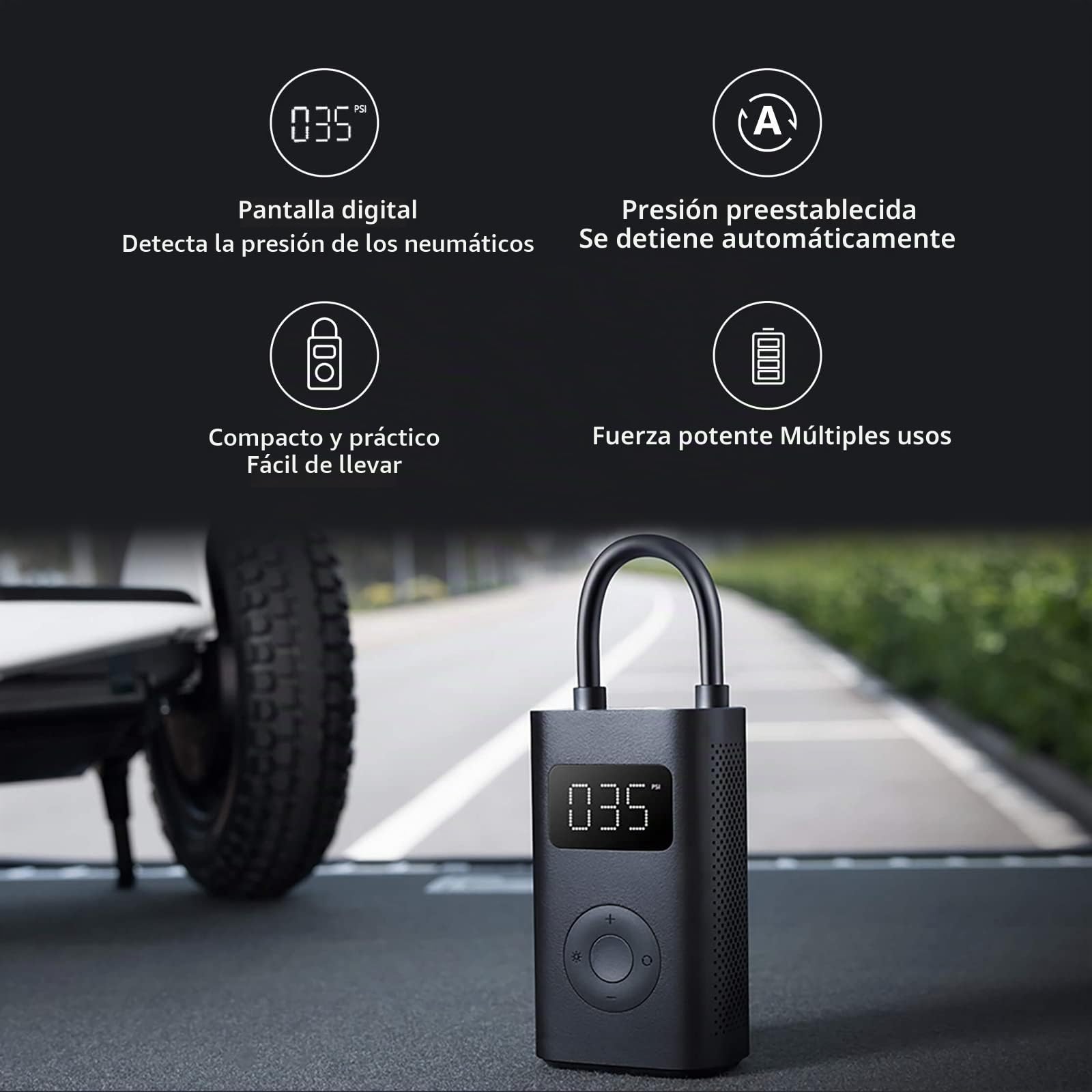 XIAOMI Mijia Bomba de Aire Portátil 1S, Luci a LED 2000mAh 150PSI, Mini Compressore d'Aria Portatile con Sensore di Pressione LED per Auto, Bicicletta, Moto, Palla, Bici, Palloni, Nero