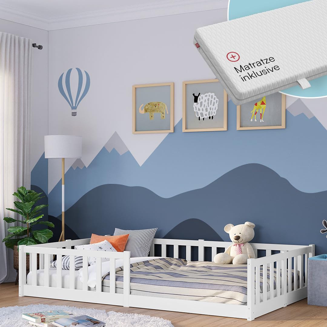 Bellabino Vere Bodenbett 120x200 cm – Montessori-Kinderbett aus Kiefernholz inkl. Matratze, Lattenrost und Rausfallschutz, in Weiß