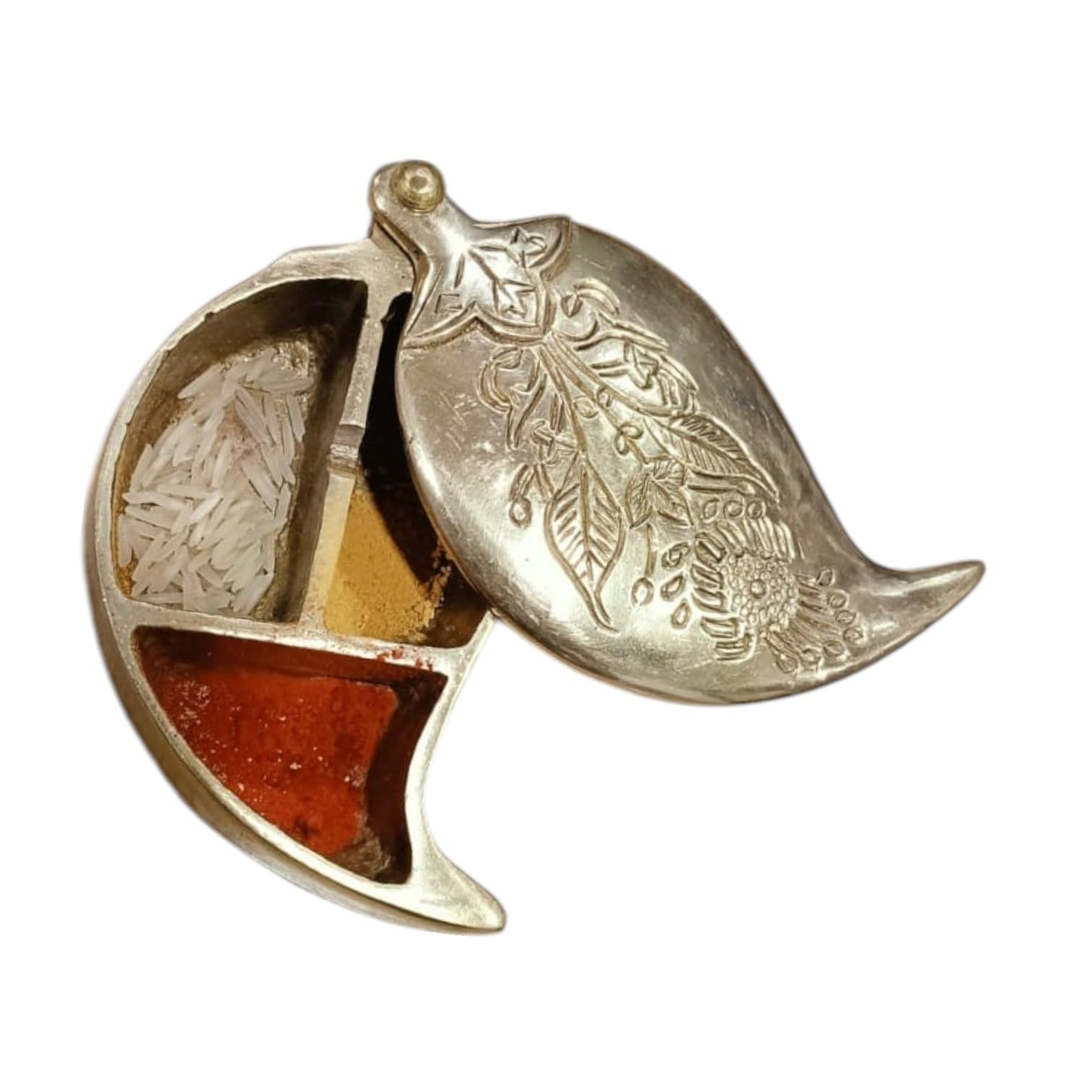 Traditional Leaf-Shaped Kumkum Box For Roli Chawal Haldi Container Pooja Gifting Decorative Showpiece - 3 cm (Brass, Gold)-image-39