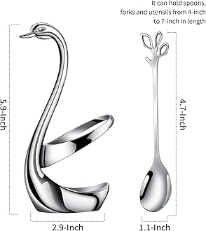 AnSaw Decorative Swan Base Holder with 10pcs 4.7’’ Coffee Spoon set, Creative Silver Leaf Dessert Spoons，Premium Food Grade Stainless Steel,Mirror Finish & Dishwasher Safe (Silver+10Soopn)