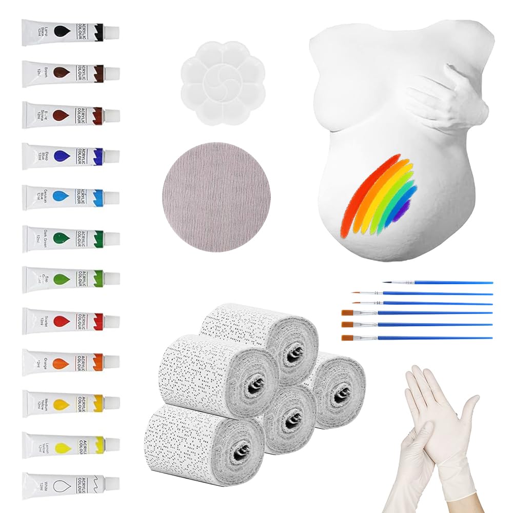 YANGUN Babybauch Gipsabdruck Set, Gipsabdruck Babybauch Set, Gipsbinden zum Basteln, 12 Acrylfarben & Vielem Mehr, 3D Deko, Schwangerschaft Erinnerungen, Andenken & Geschenk für Schwangere