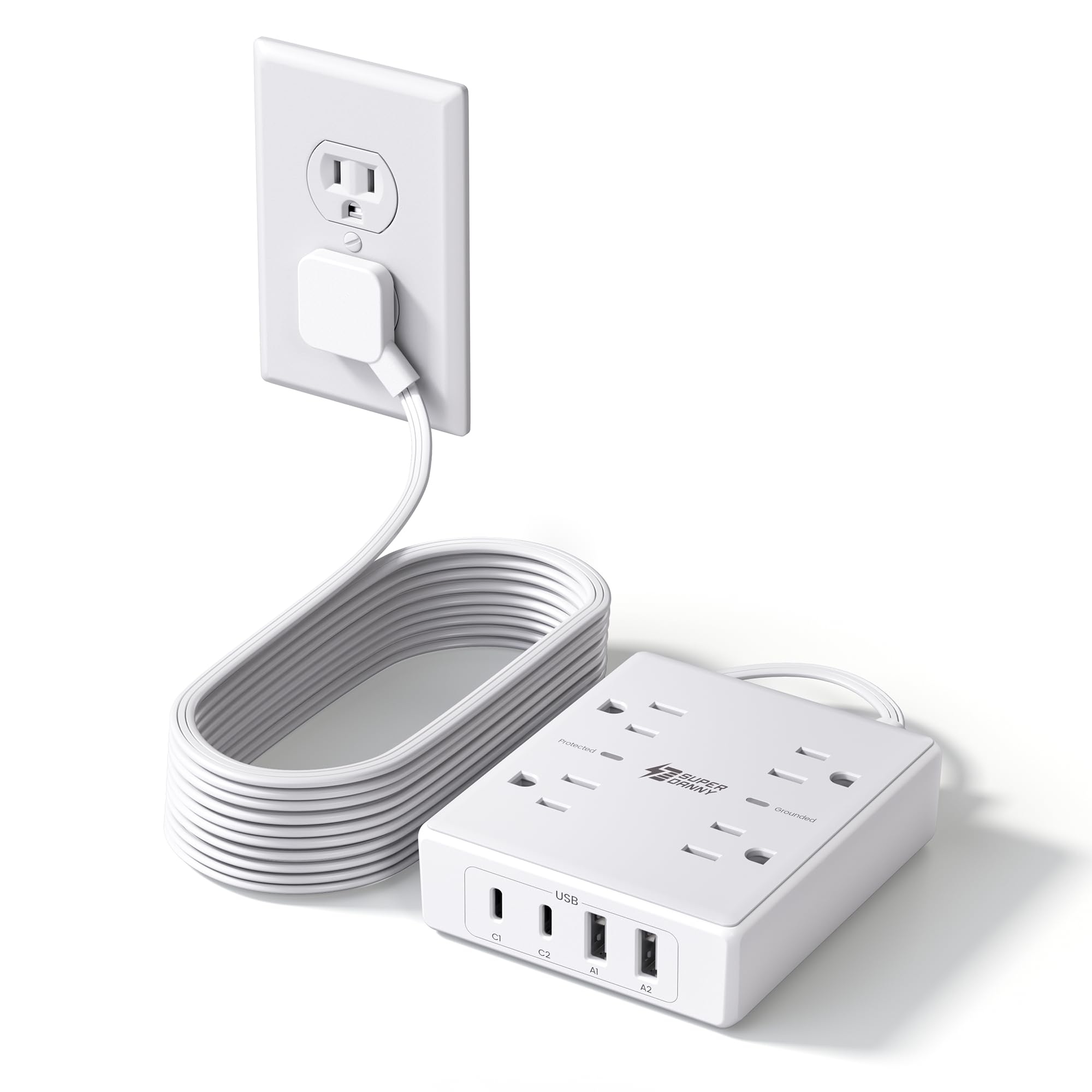 Photo 1 of [UNTESTED] SUPERDANNY Flat Plug Power Strip Surge Protector 10 Ft Long Flat Extension Cord with 4 Outlets & 4 USB (2 USB-C) Charging Station for Home Office, College Dorm Room Essentials, Travel, White